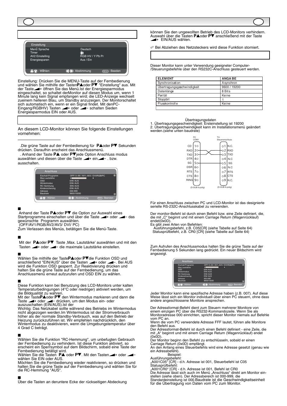 Rs232c betrieb/anschlussmenü, Anschlussmenü, Einstellungen pc-menü einstellungen rs232c | Einschalt-programm, Max lautstärke, Wintermodus | Sanyo CE42SR1 User Manual | Page 30 / 68
