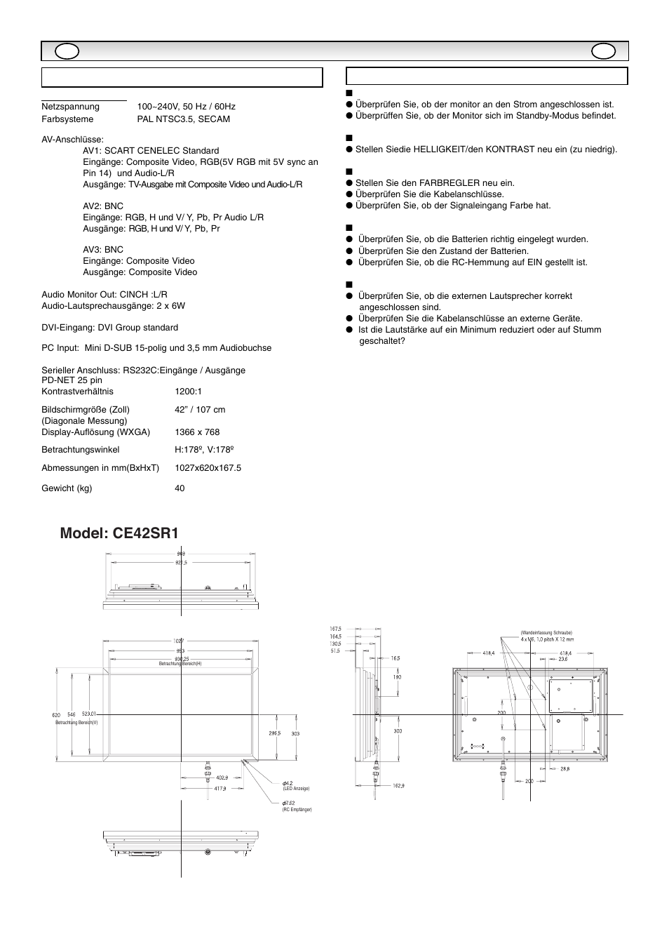 Model: ce42sr1, Technische daten, Nützliche hinweise | Technische da | Sanyo CE42SR1 User Manual | Page 32 / 68