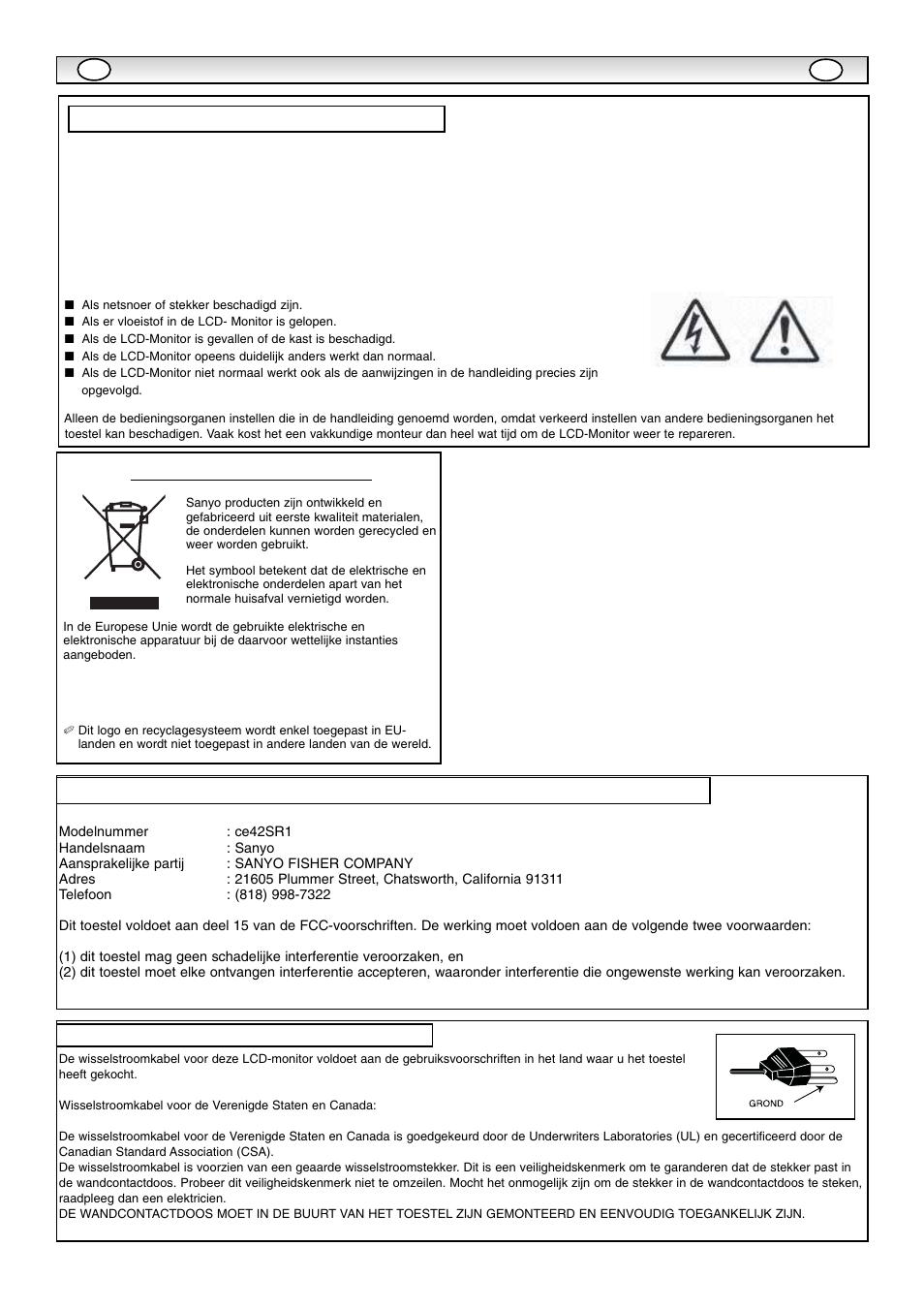 Onderhoud, Conformiteitsverklaring: noord-amerika en canada, Vereisten voor de wisselstroomkabel | Sanyo CE42SR1 User Manual | Page 34 / 68