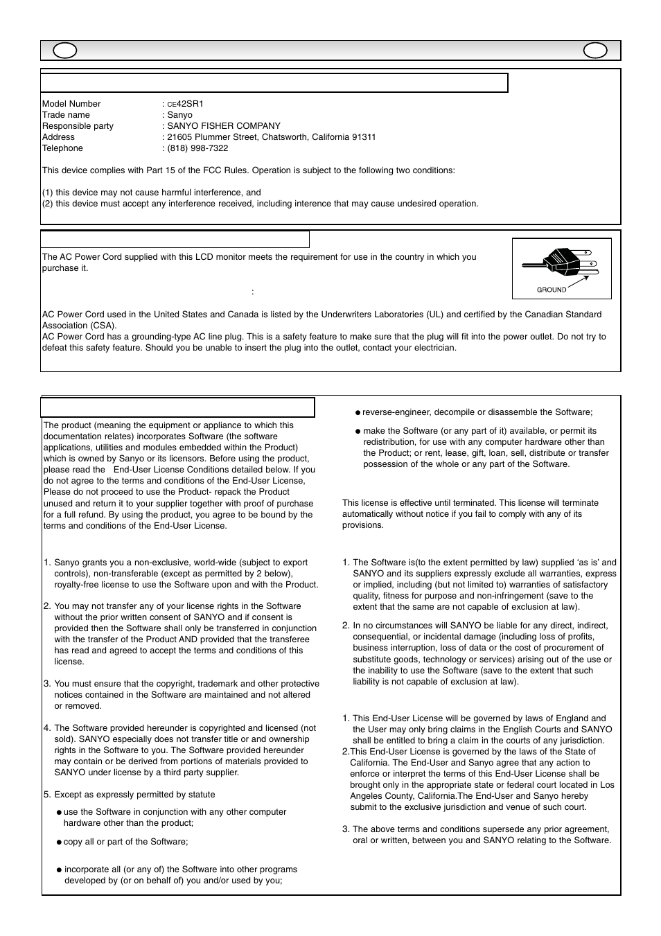 End-user license, Ac power cord requirement | Sanyo CE42SR1 User Manual | Page 4 / 68