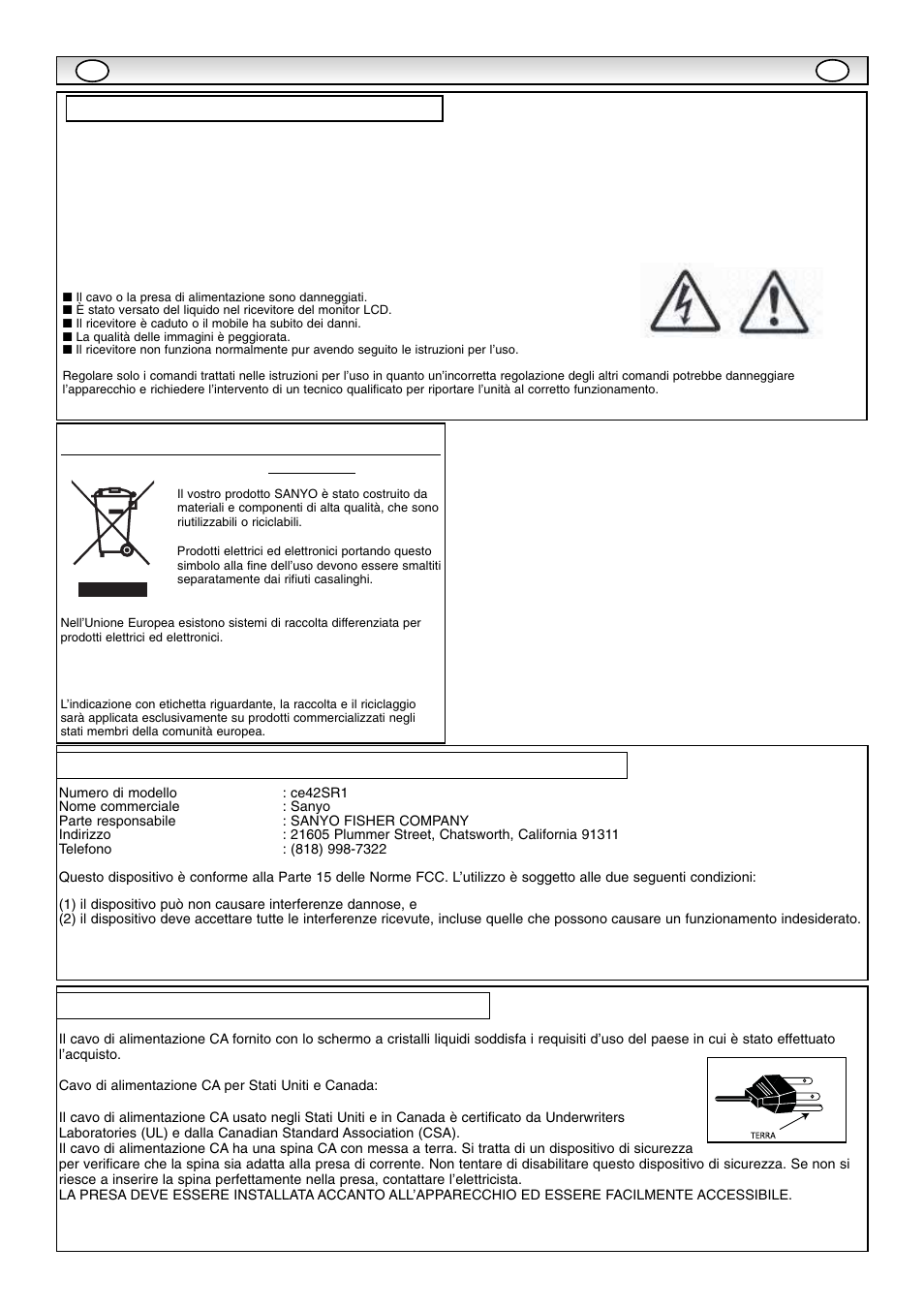 Precauzioni di sicurezza, Manutenzione, Dichiarazione di conformità: nord america e canada | Requisiti del cavo di alimentazione ca | Sanyo CE42SR1 User Manual | Page 44 / 68