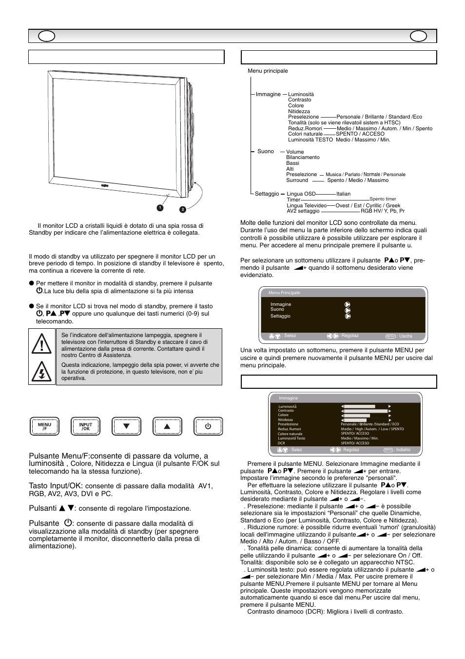 Inst, Inst allazione allazione, Comandi / terminali menu imagine | Funzionamento del menu, Tasto input/ok, Pulsanti e d, Pulsante 4 | Sanyo CE42SR1 User Manual | Page 48 / 68