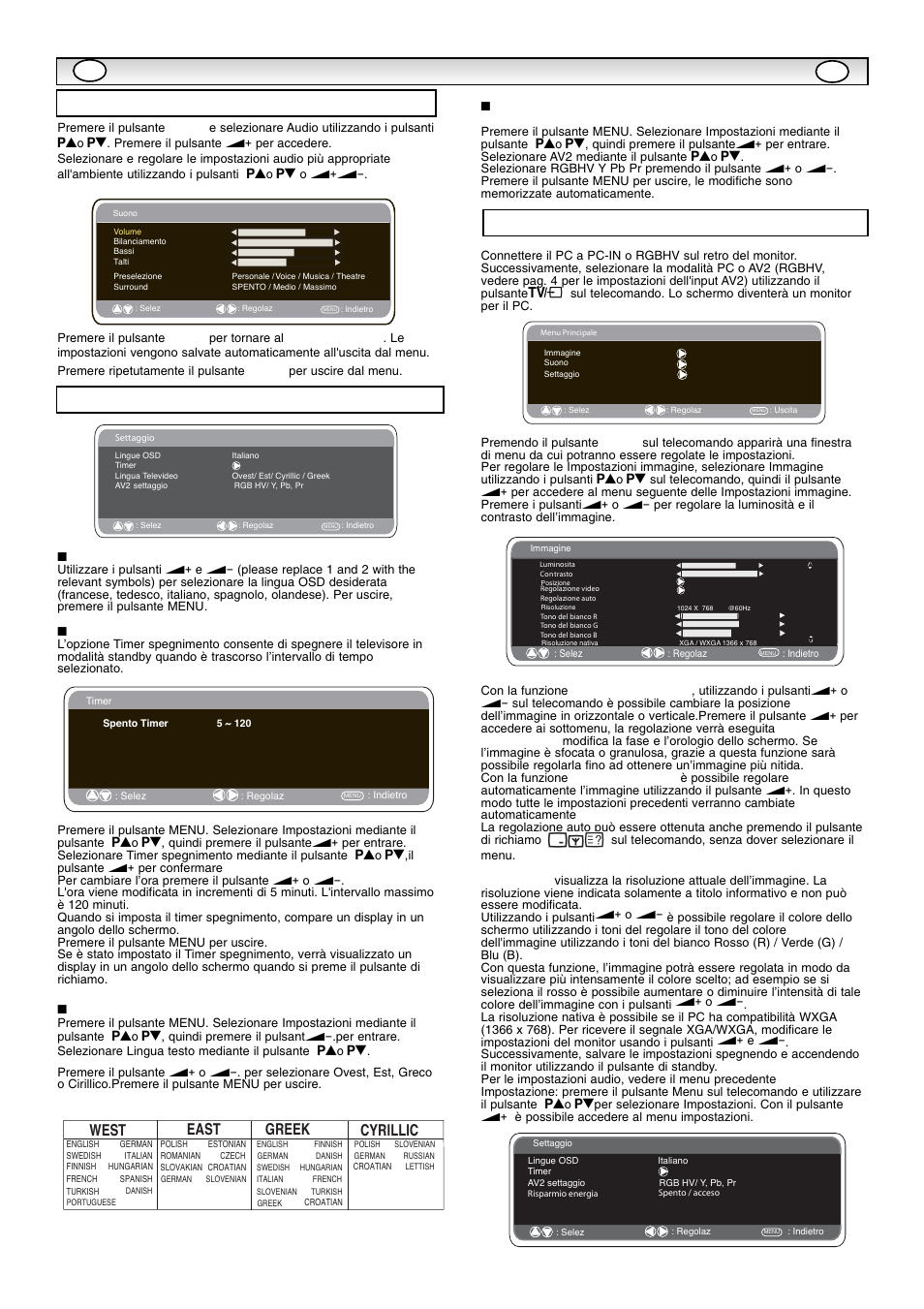 Funzionament, Menu settaggio, Impostazioni menu pc | Menu suono, Ts e w, Ts a e | Sanyo CE42SR1 User Manual | Page 49 / 68