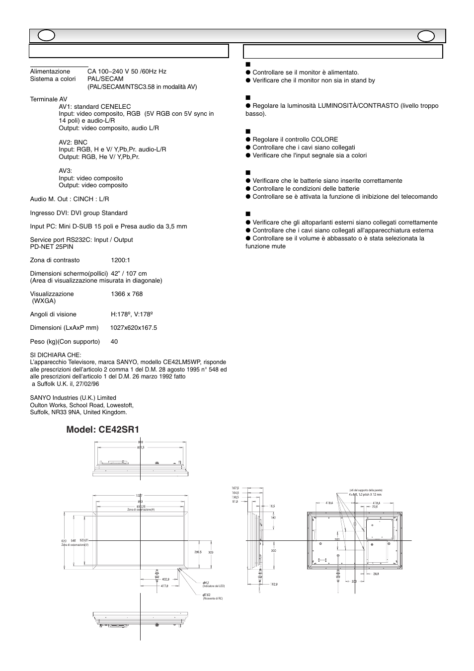 Specifiche tecniche / consigli utili, Consigli utili specifiche tv, Model: ce42sr1 | Sanyo CE42SR1 User Manual | Page 52 / 68