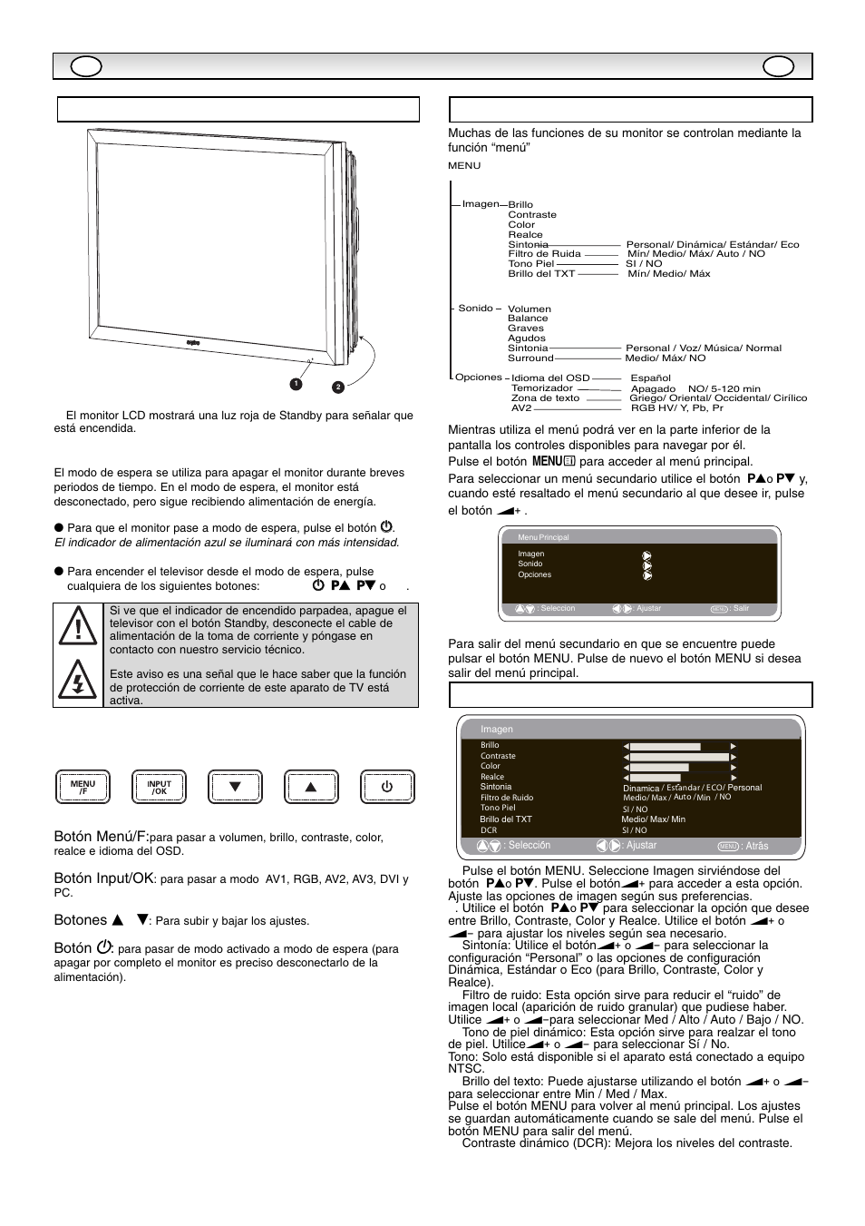 Inst, Inst alación alación, Controles y menús | Menú de imagen, Funcionamiento del men ъ ъ, Botón menú/f, Botón input/ok, Botones e d, Botón 4 | Sanyo CE42SR1 User Manual | Page 58 / 68