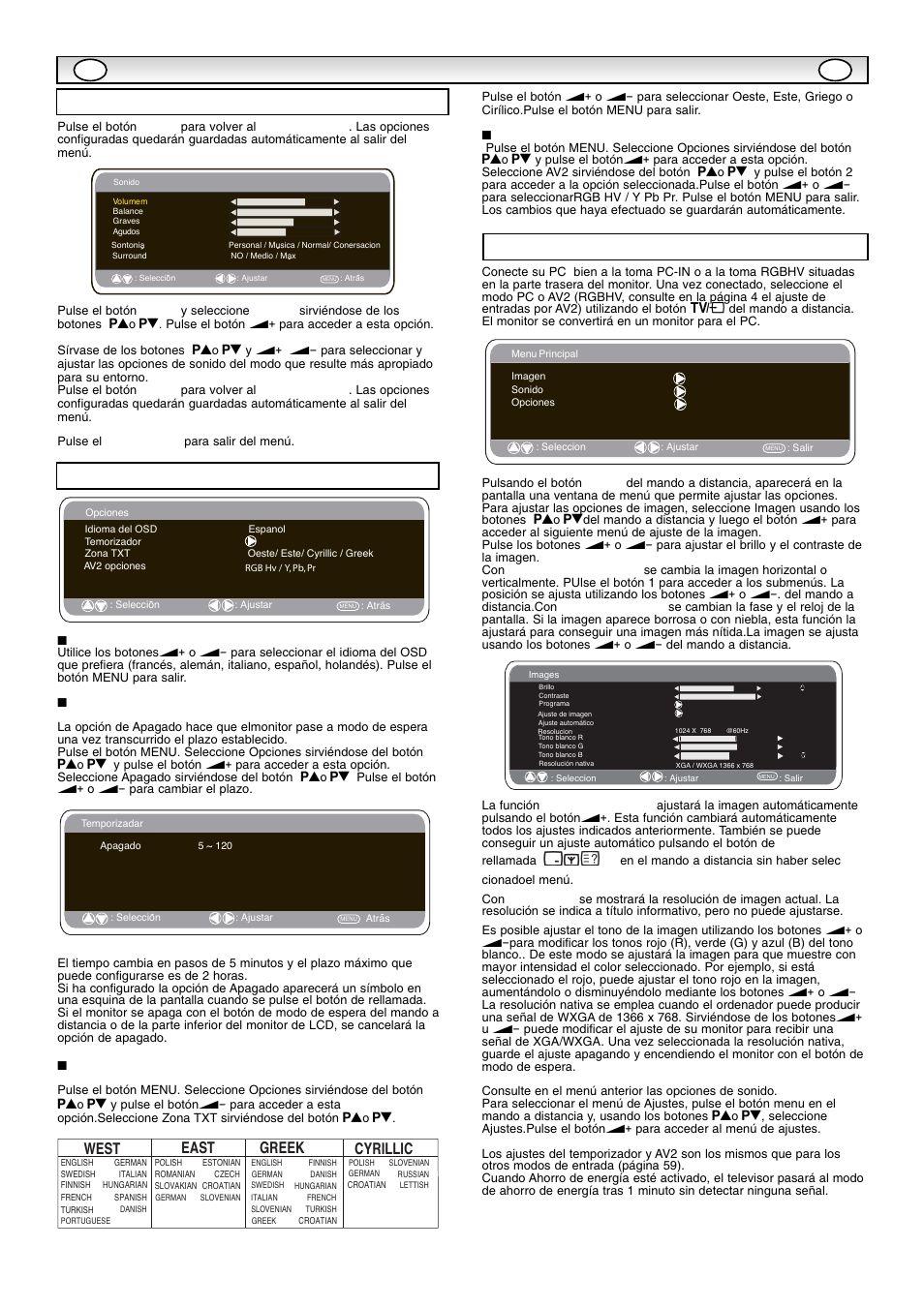 Funcionamient, Funcionamient o del o del menú menú, Menú de configuracion | Ajustes del menú del pc, Menú de sonido, Ts e w, Ts a e | Sanyo CE42SR1 User Manual | Page 59 / 68