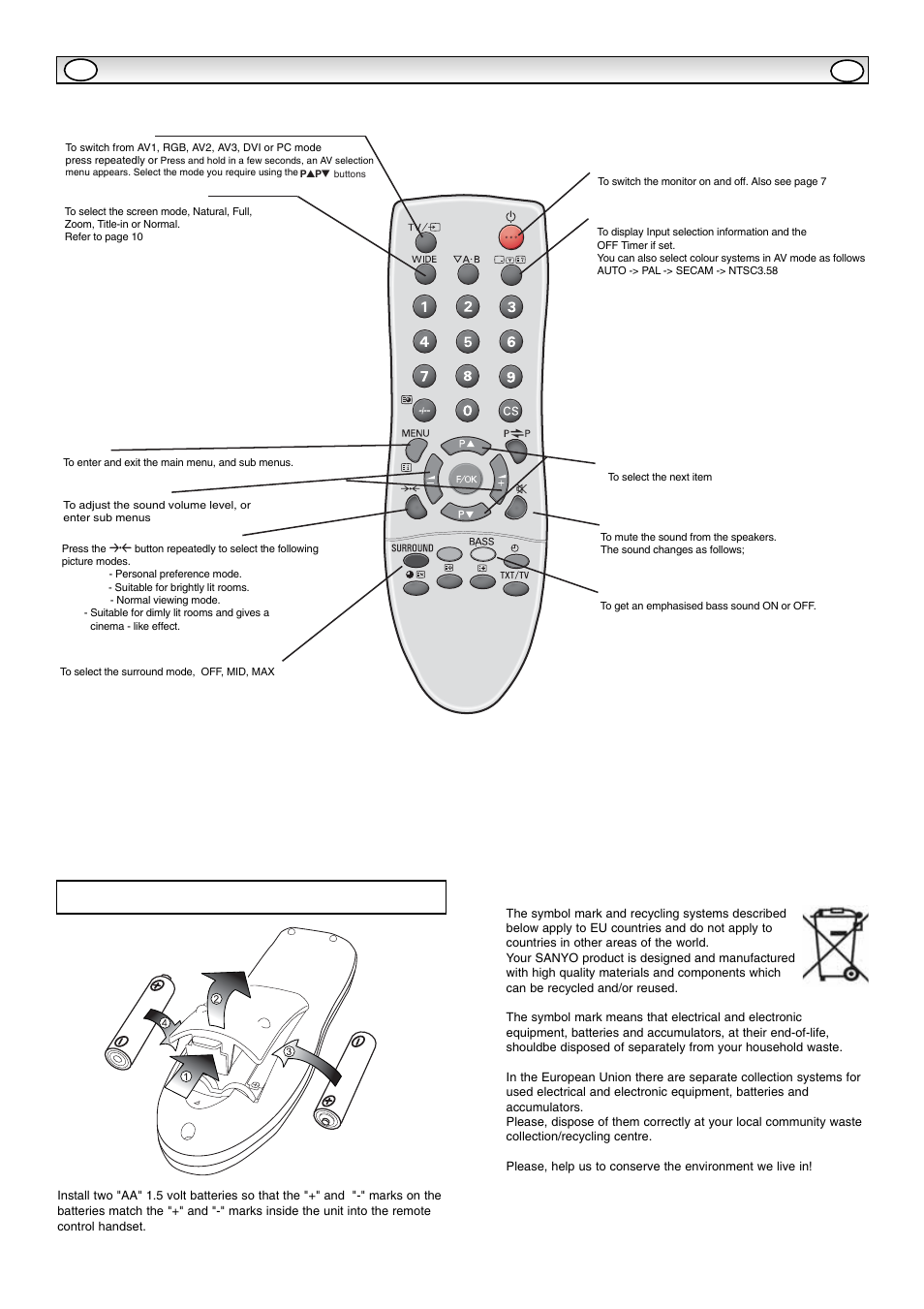 Remote control, Remote control battery installation | Sanyo CE42SR1 User Manual | Page 6 / 68