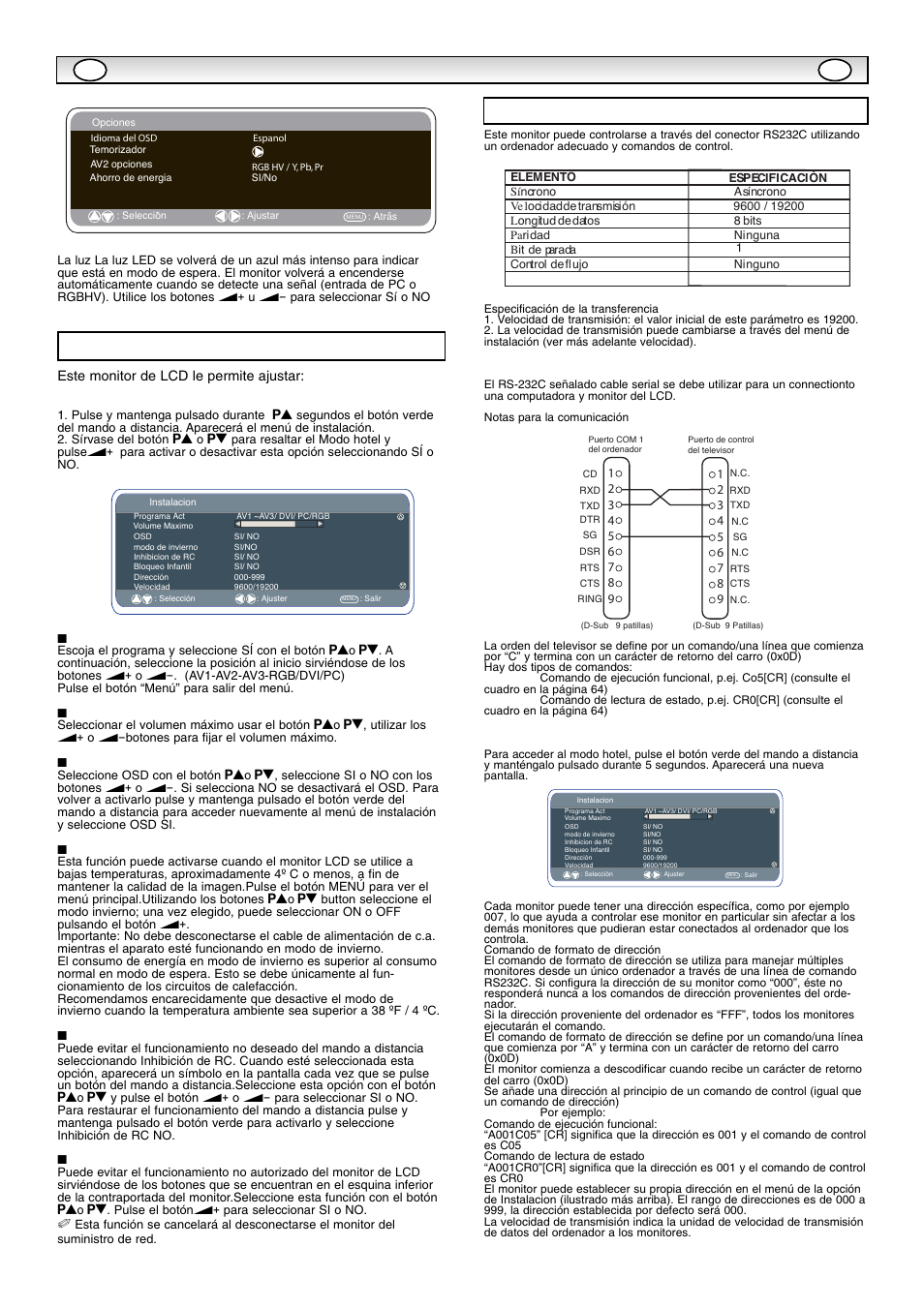 Funcionamient, Funcionamient o del o del pc pc, Menú de instalación | Ajustes del rs232c | Sanyo CE42SR1 User Manual | Page 60 / 68