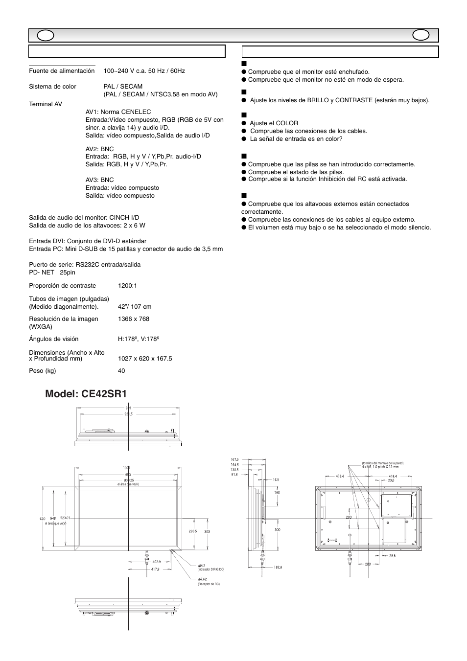 Model: ce42sr1, Especificaciones consejos útiles, Especificaciones / consejos útiles | Sanyo CE42SR1 User Manual | Page 62 / 68