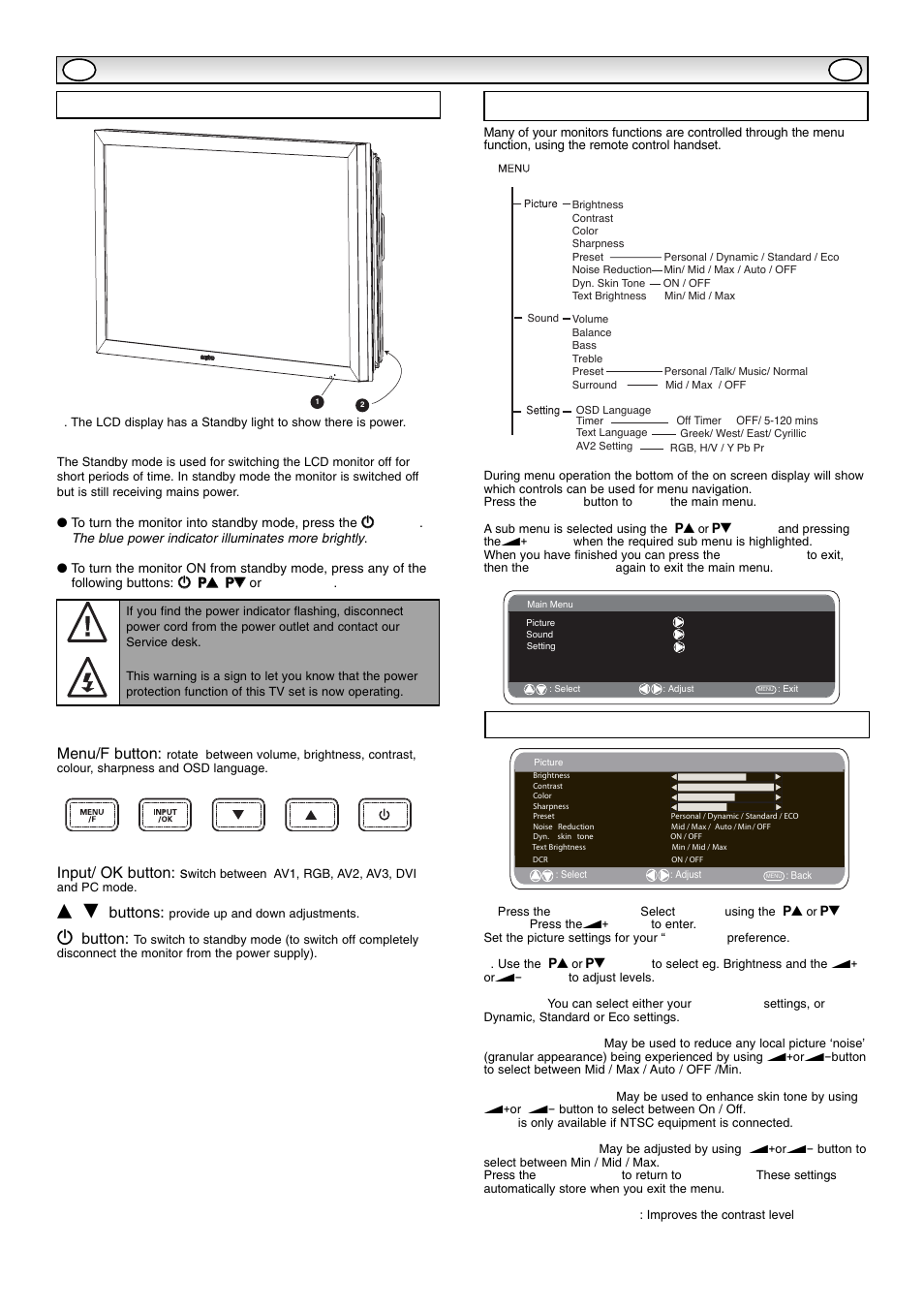 Inst, Inst alla alla tion tion, Controls and menus | Picture menu, Menu operation, Menu/f button, Input/ ok button: s, Buttons, 4 button | Sanyo CE42SR1 User Manual | Page 7 / 68