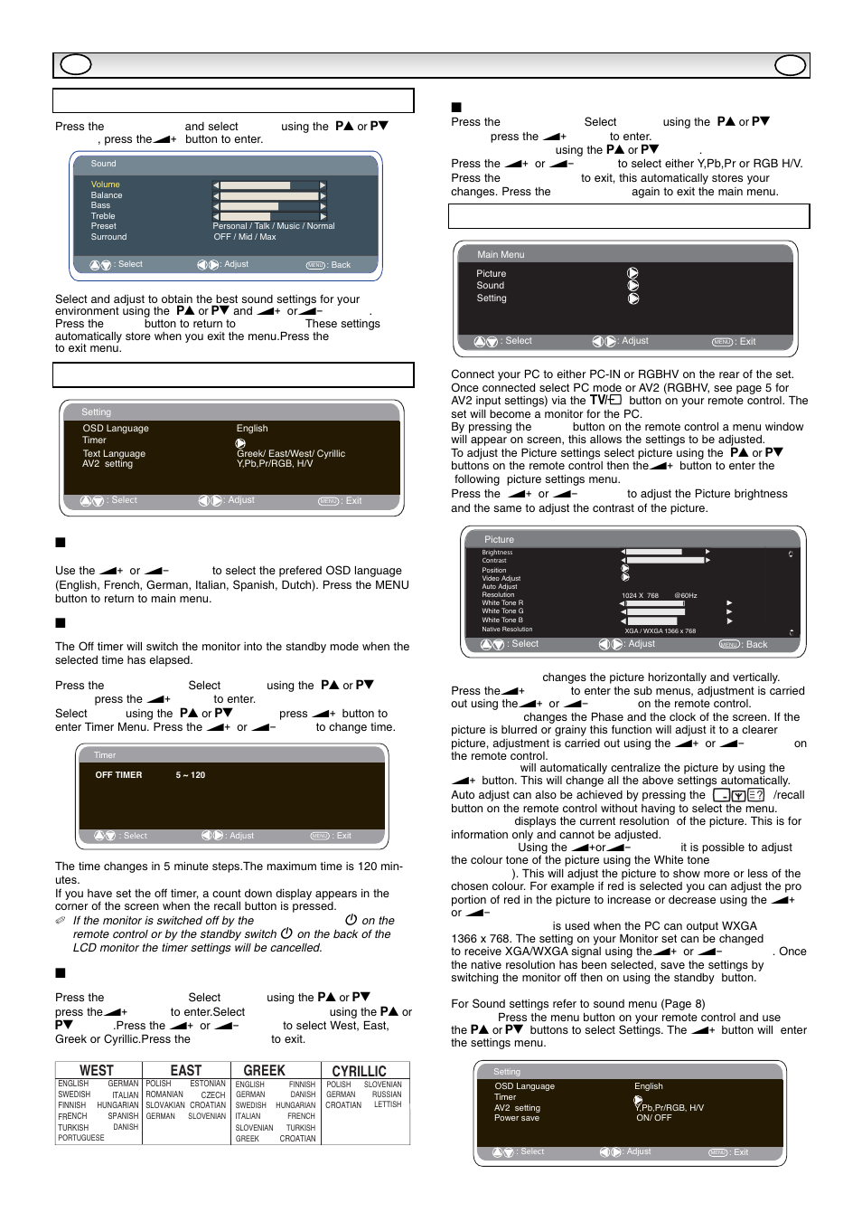 Menu opera, Menu opera tion tion, Setting menu | Pc menu settings, Sound menu, Osd language, Off-timer setting, Text language, Av2 setting, Ts e w | Sanyo CE42SR1 User Manual | Page 8 / 68