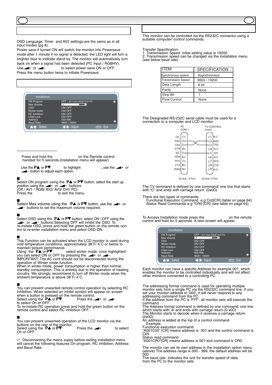 Pc opera, Installation menu rs232c settings, Pc menu settings | Sanyo CE42SR1 User Manual | Page 9 / 68