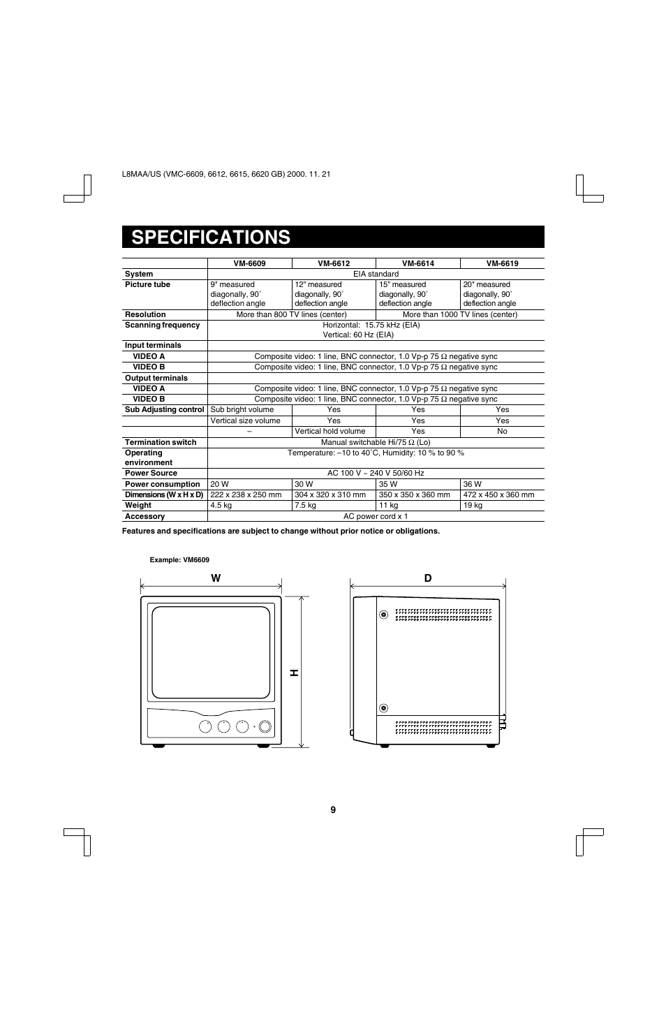 Specifications, Wd h | Sanyo VM-6619 User Manual | Page 10 / 11