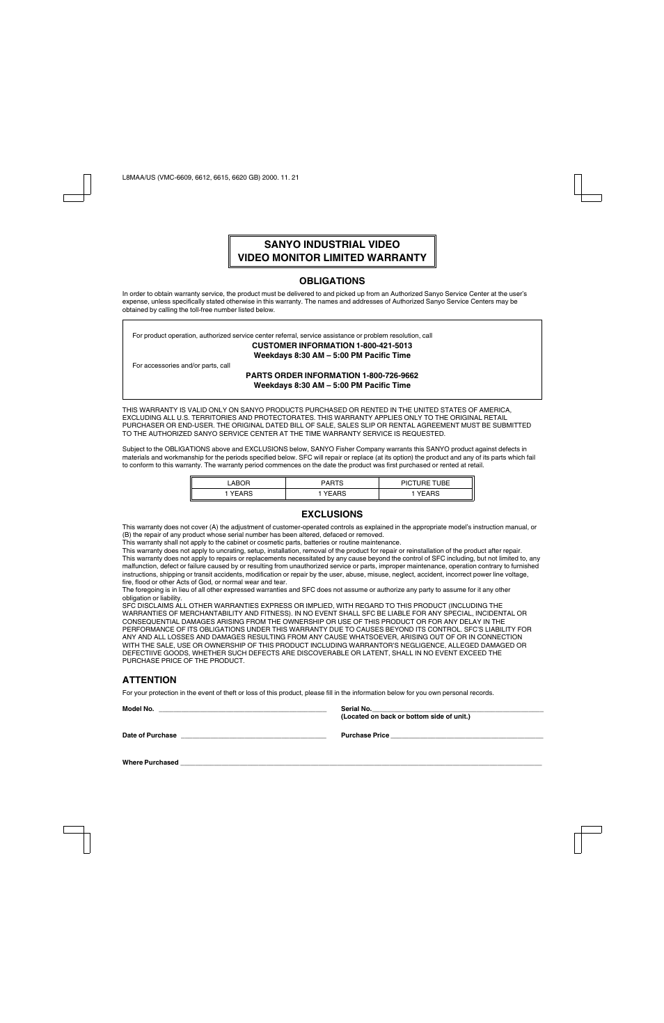 Sanyo VM-6619 User Manual | Page 11 / 11