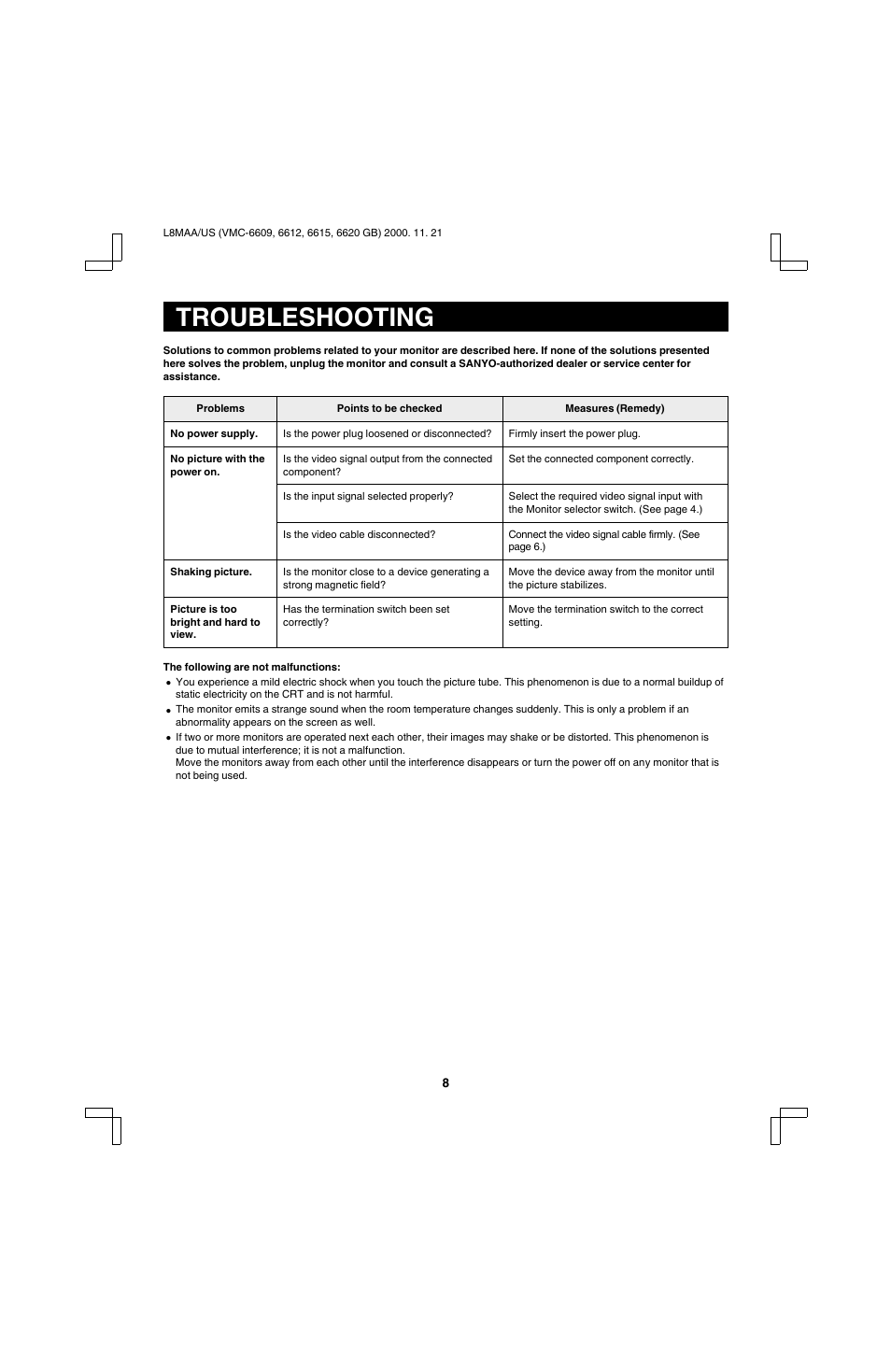 Troubleshooting | Sanyo VM-6619 User Manual | Page 9 / 11