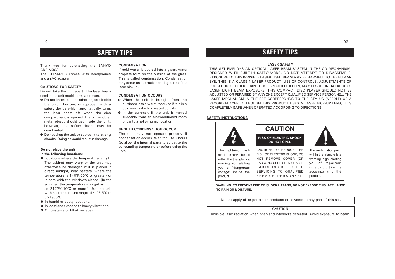 Safety tips, Caution | Sanyo CDP-M303 User Manual | Page 2 / 12