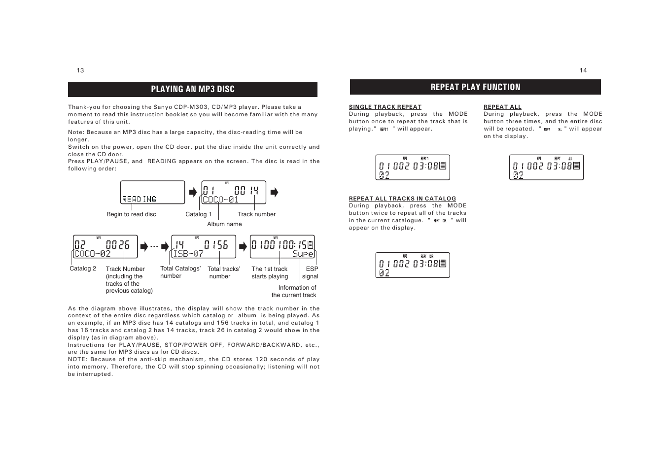 Playing an mp3 disc, Repeat play function | Sanyo CDP-M303 User Manual | Page 8 / 12