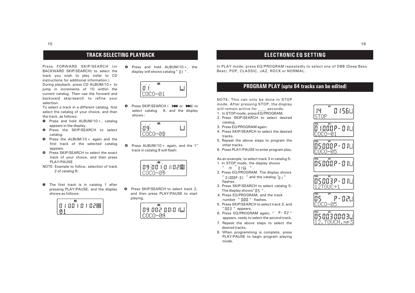 Track-selecting playback, Electronic eq setting, Program play (upto 64 tracks can be edited) | Sanyo CDP-M303 User Manual | Page 9 / 12