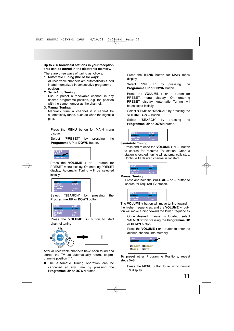 Tuning of the channels uning of the channels 11 | Sanyo CA14SE1(V) User Manual | Page 11 / 20