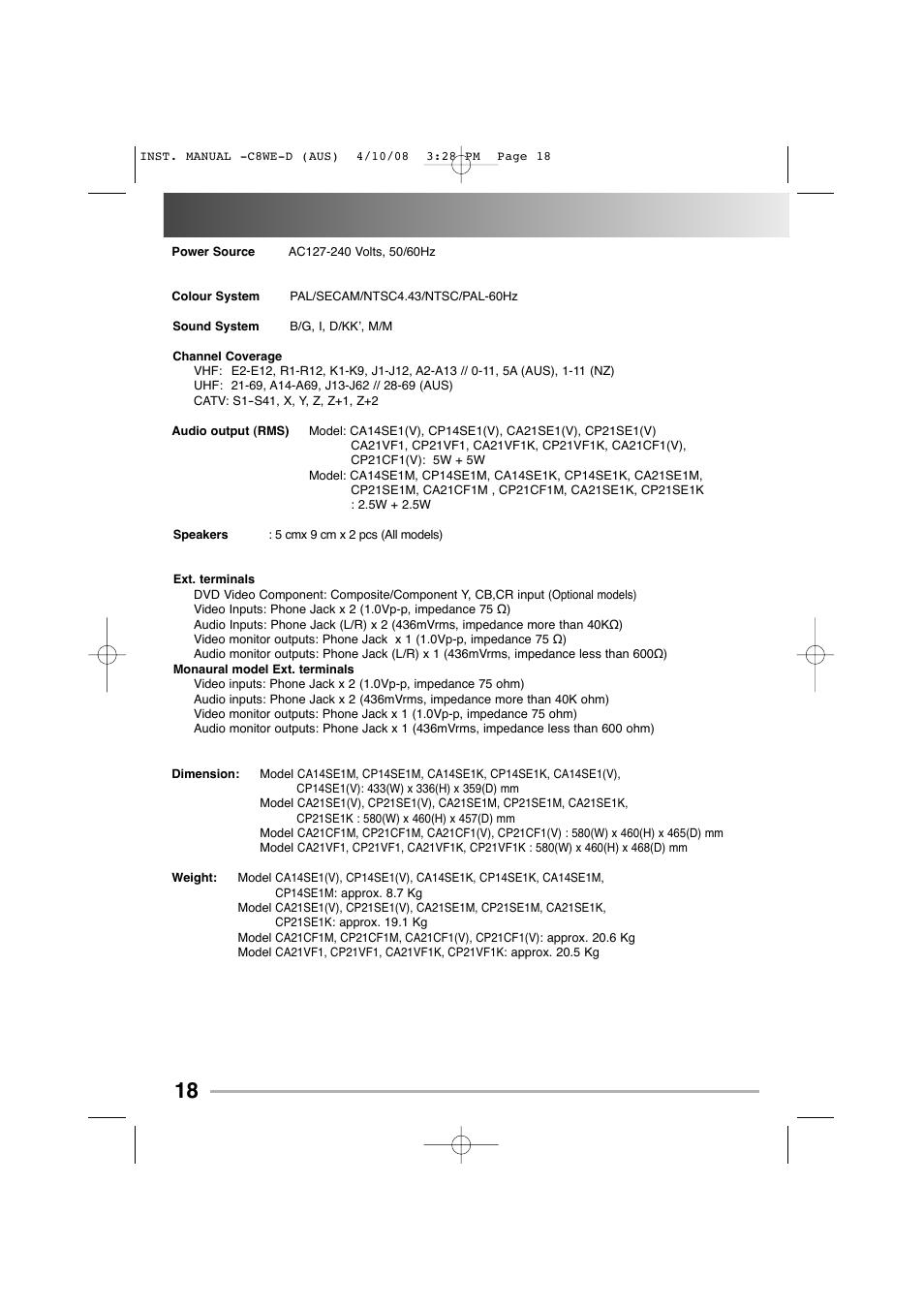 Specifications, Specifications 18 | Sanyo CA14SE1(V) User Manual | Page 18 / 20