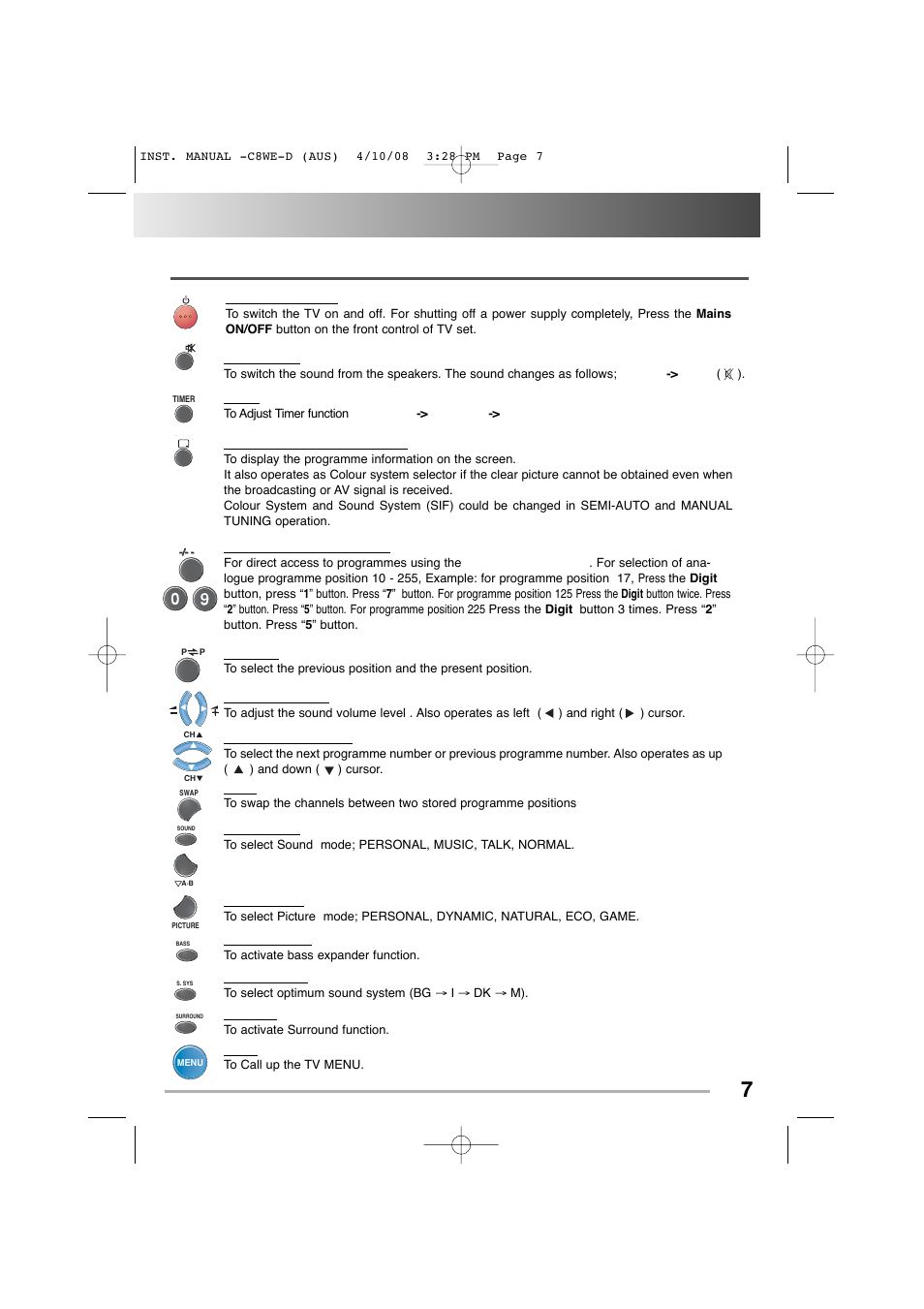 General operation, General operation 7, Remote control operation | Menu to call up the tv menu | Sanyo CA14SE1(V) User Manual | Page 7 / 20
