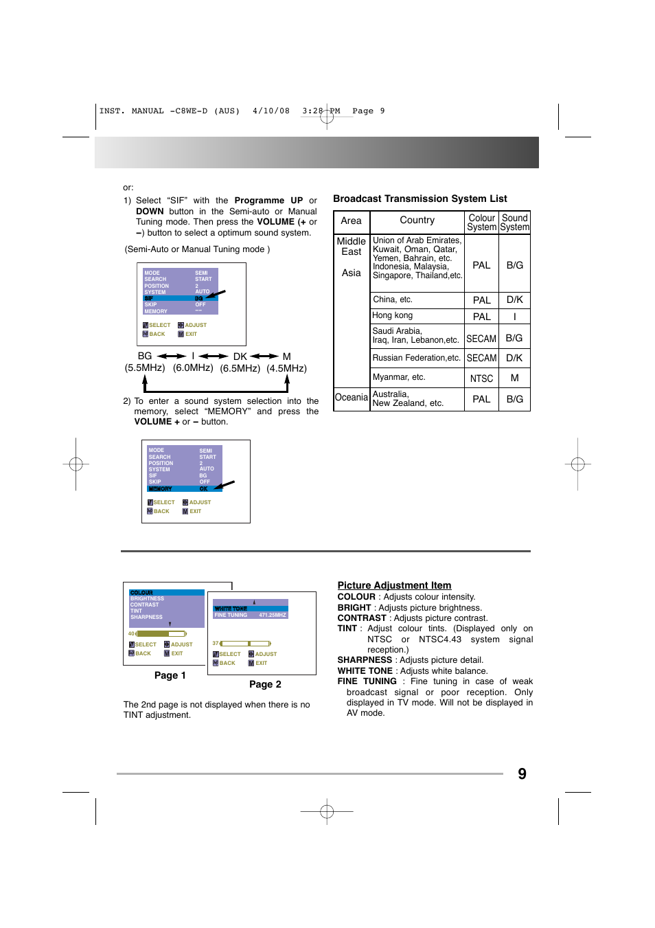 Colour and sound system, Pictur | Sanyo CA14SE1(V) User Manual | Page 9 / 20