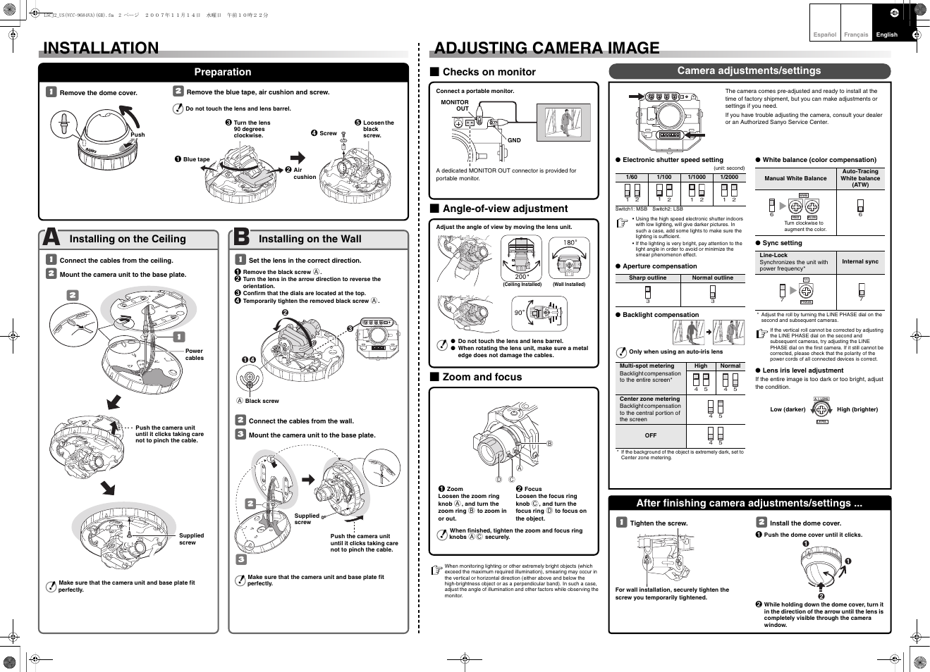 Installation adjusting camera image, Preparation, Installing on the ceiling | Installing on the wall b checks on monitor, B angle-of-view adjustment, B zoom and focus, Camera adjustments/settings, After finishing camera adjustments/settings | Sanyo VCC-9684VA User Manual | Page 2 / 2