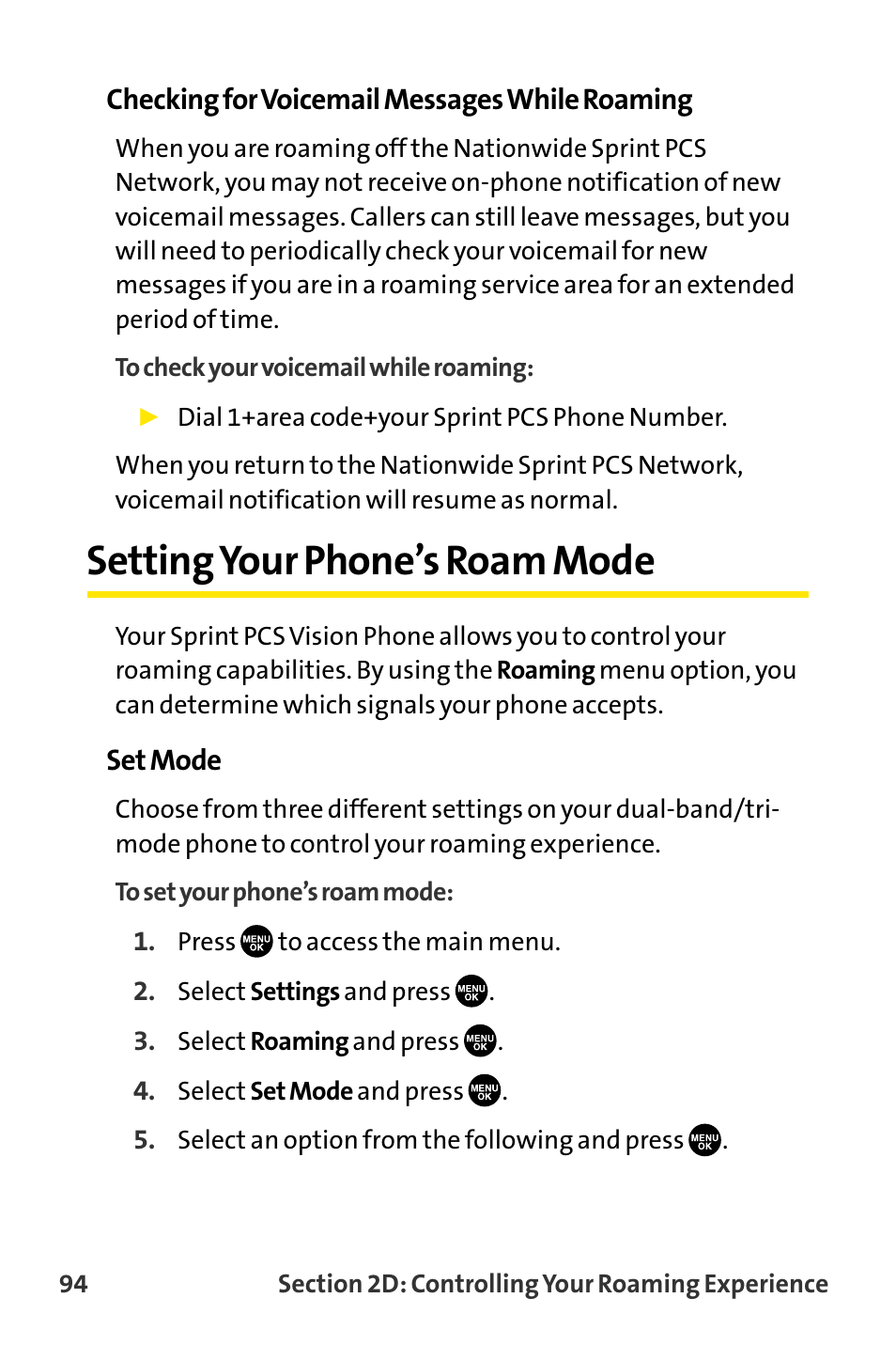 Setting your phone’s roam mode, Settingyour phone’s roam mode | Sanyo VI-2300 User Manual | Page 106 / 286