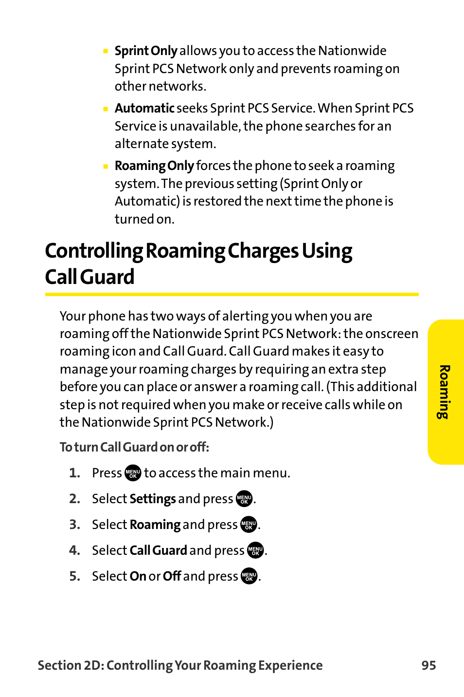 Controlling roaming charges, Controlling roaming charges using call guard | Sanyo VI-2300 User Manual | Page 107 / 286