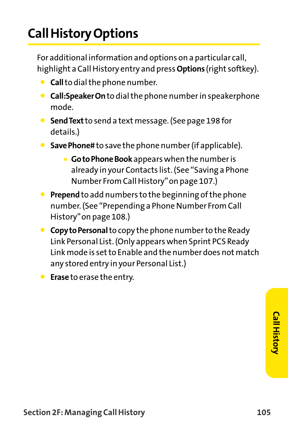 Call history options, Call history | Sanyo VI-2300 User Manual | Page 117 / 286