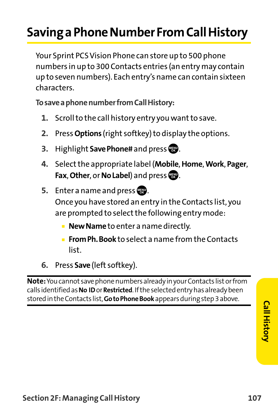 Saving a phone number from c, Saving a phone number from call history | Sanyo VI-2300 User Manual | Page 119 / 286