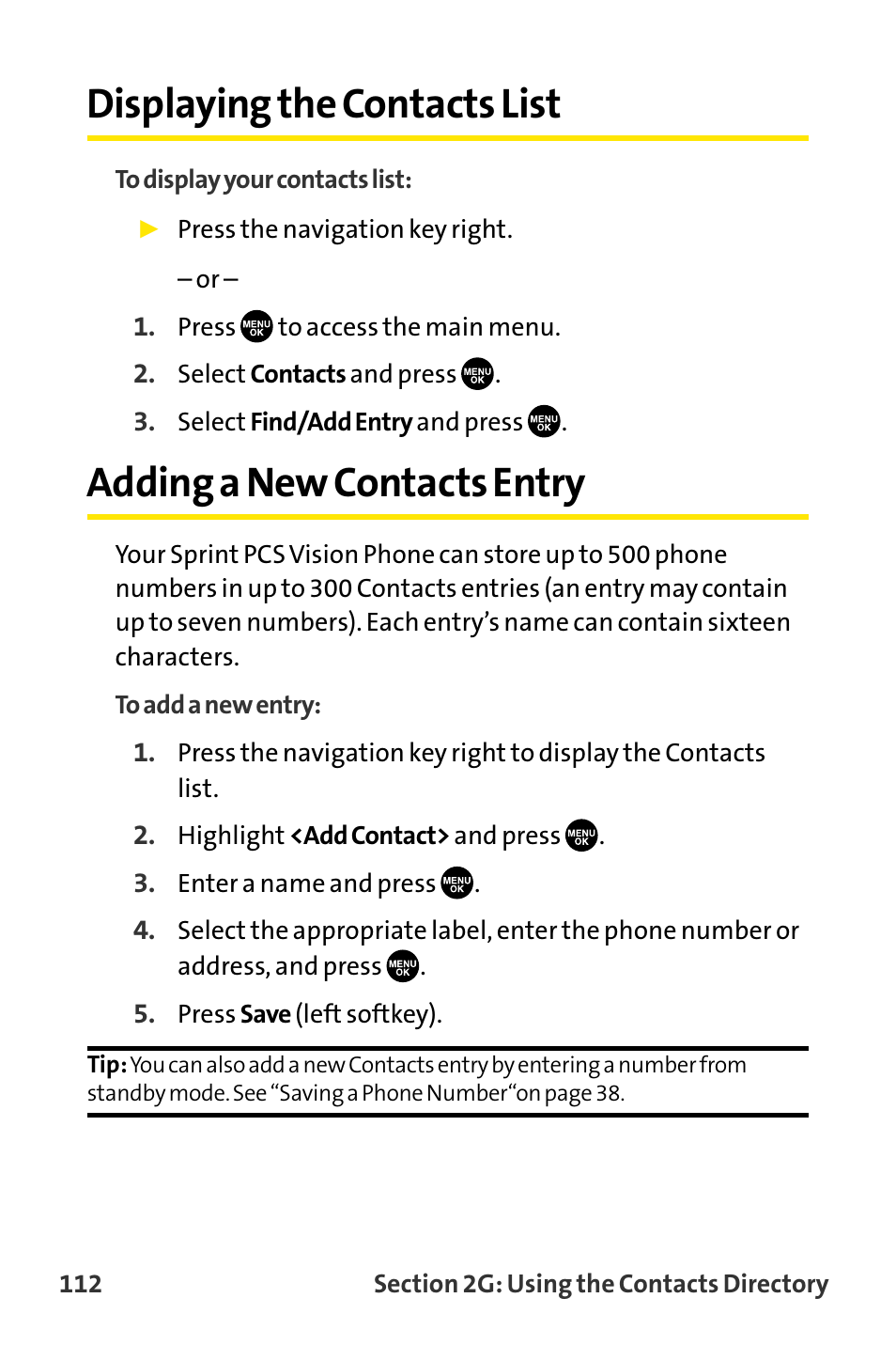 Displaying the contacts list, Adding a new contacts entry | Sanyo VI-2300 User Manual | Page 124 / 286