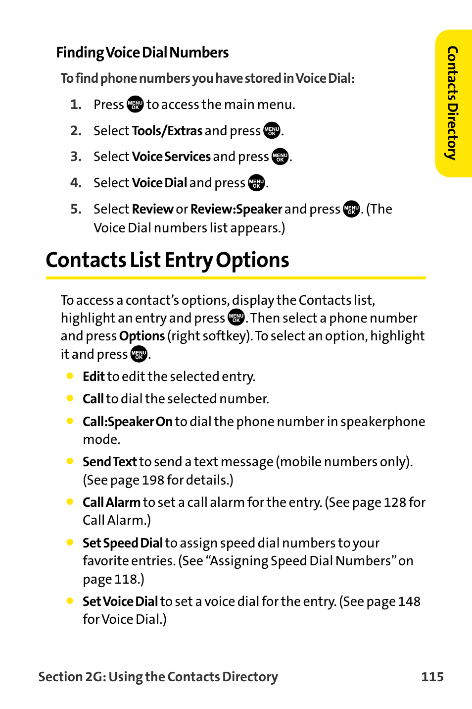 Contacts list entry options, Finding voice dial numbers | Sanyo VI-2300 User Manual | Page 127 / 286