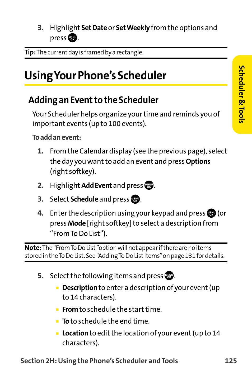 Using your phone’s scheduler, Adding an event to the scheduler | Sanyo VI-2300 User Manual | Page 137 / 286
