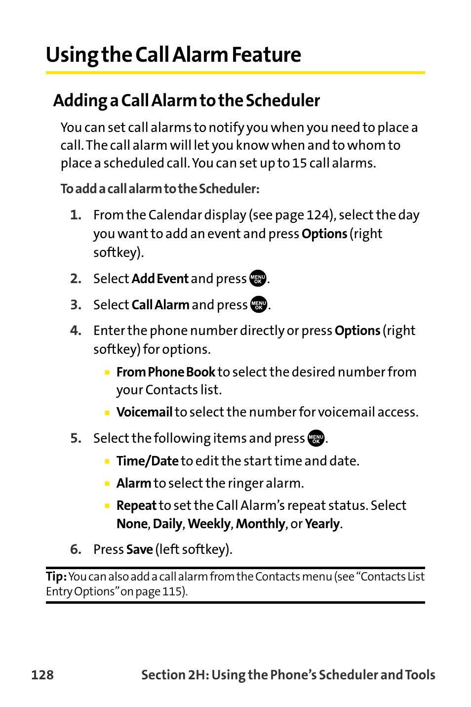 Using the call alarm feature, Adding a call alarm to the scheduler | Sanyo VI-2300 User Manual | Page 140 / 286