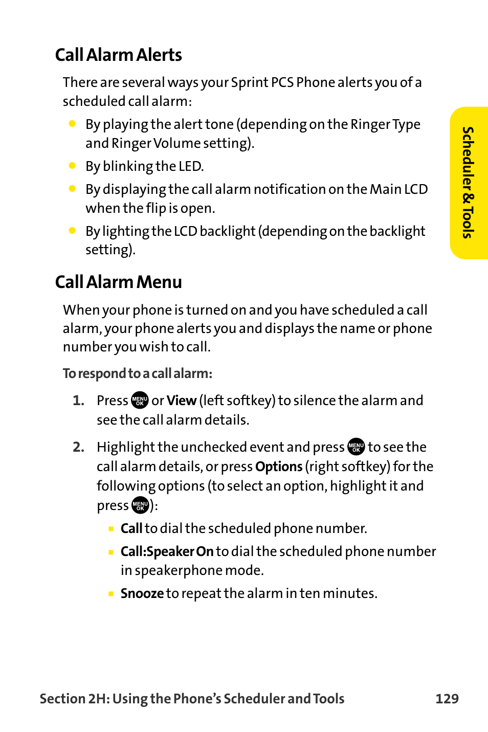 Call alarm alerts, Call alarm menu | Sanyo VI-2300 User Manual | Page 141 / 286