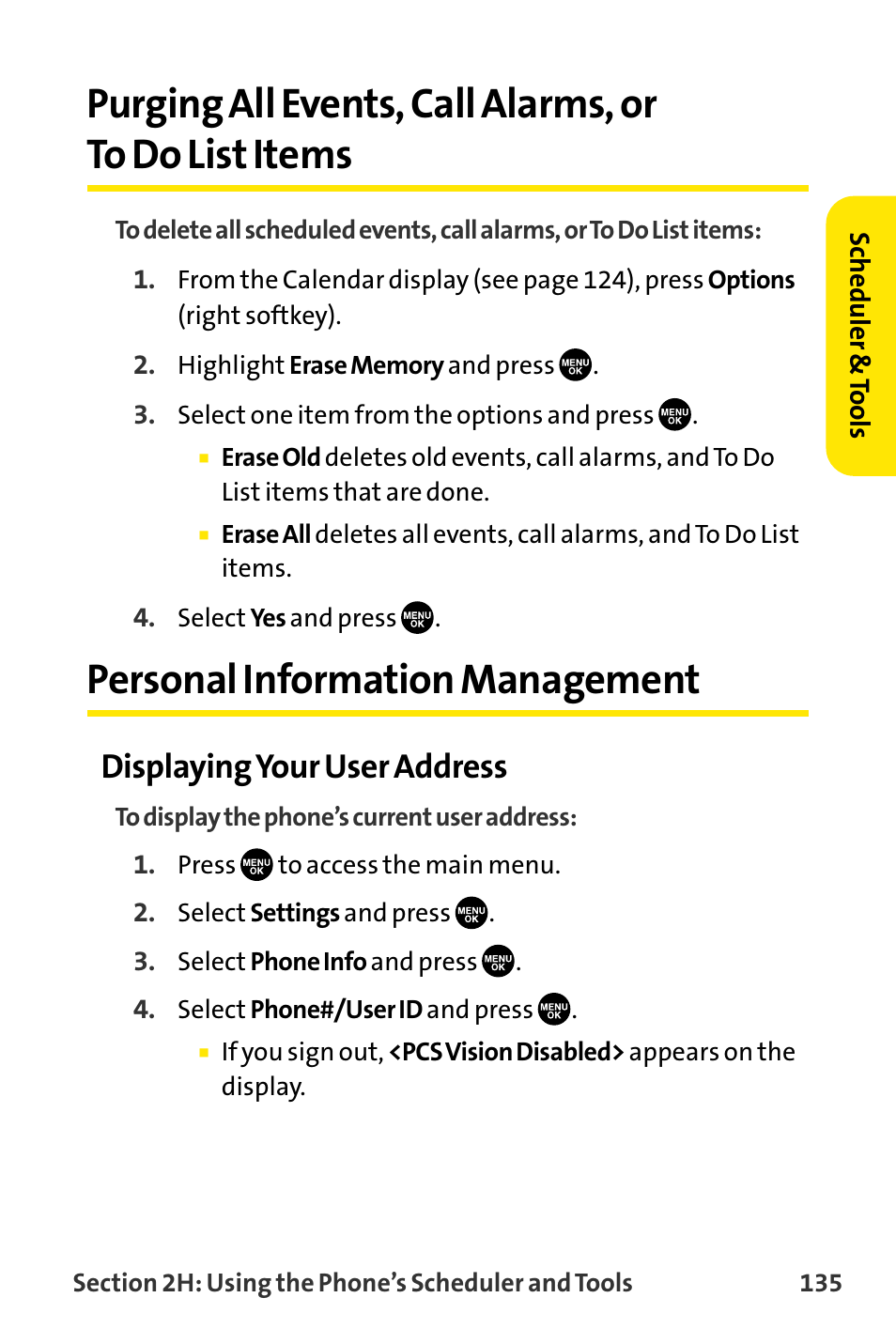 Purging all events, call ala, Personal information management, Displaying your user address | Sanyo VI-2300 User Manual | Page 147 / 286