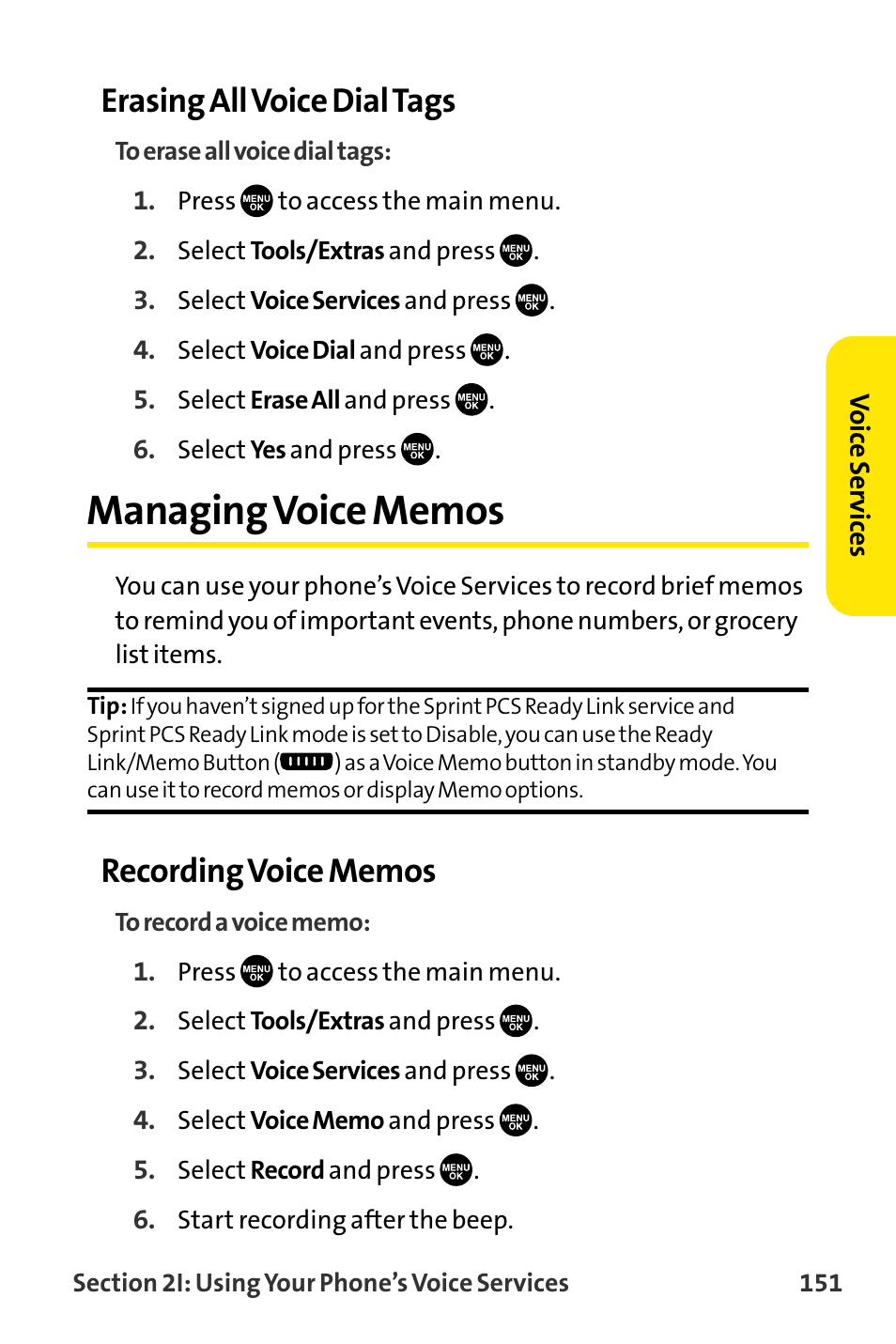 Managing voice memos, Erasing all voice dial tags | Sanyo VI-2300 User Manual | Page 163 / 286