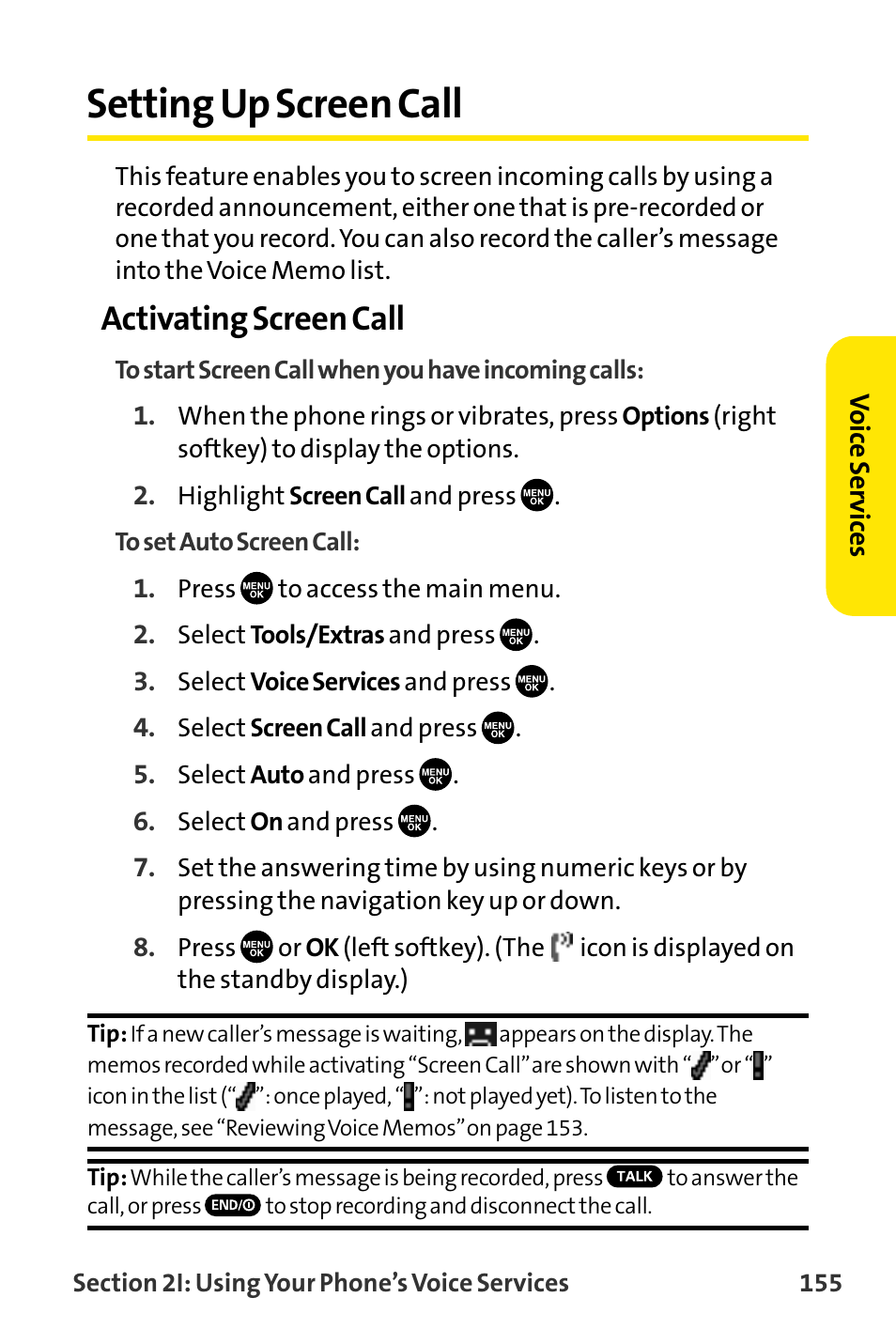 Setting up screen call, Activating screen call | Sanyo VI-2300 User Manual | Page 167 / 286