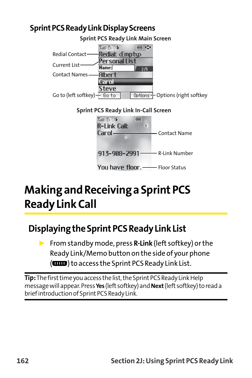 Making and receiving a sprin, Making and receiving a sprint pcs ready link call, Displaying the sprint pcs ready link list | Sprint pcs ready link display screens | Sanyo VI-2300 User Manual | Page 174 / 286