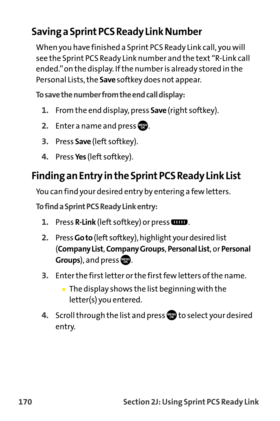 Saving a sprint pcs ready link number, Finding an entry in the sprint pcs ready link list | Sanyo VI-2300 User Manual | Page 182 / 286