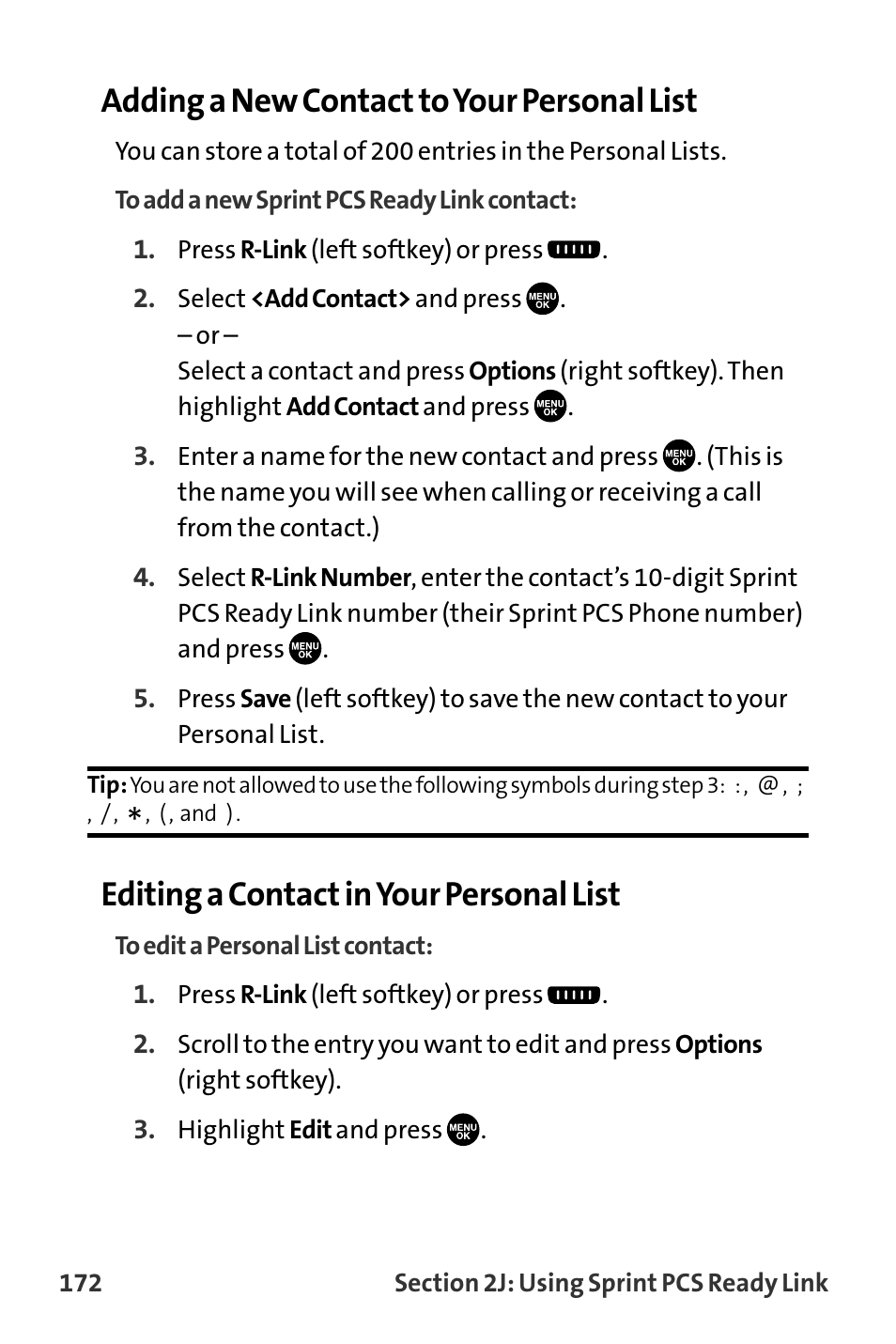 Adding a new contact to your personal list, Editing a contact in your personal list | Sanyo VI-2300 User Manual | Page 184 / 286