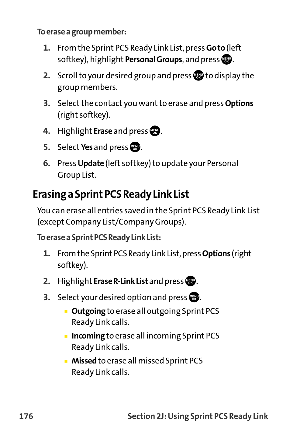 Erasing a sprint pcs ready link list | Sanyo VI-2300 User Manual | Page 188 / 286