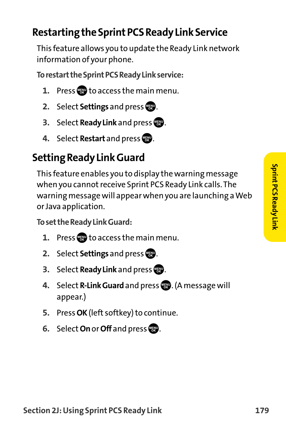 Restarting the sprint pcs ready link service, Setting ready link guard | Sanyo VI-2300 User Manual | Page 191 / 286