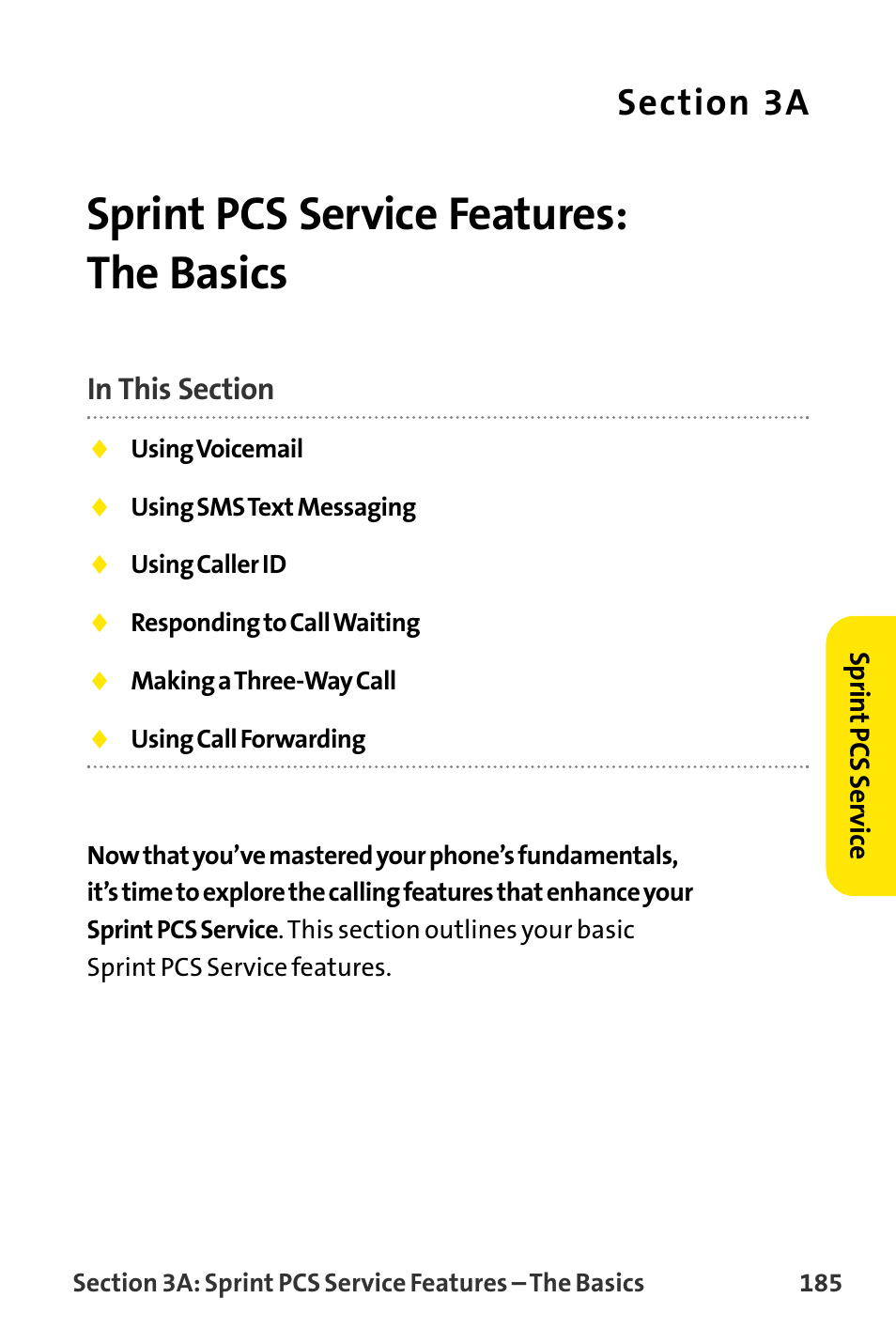 Sprint pcs service features, Sprint pcs service features: the basics | Sanyo VI-2300 User Manual | Page 197 / 286