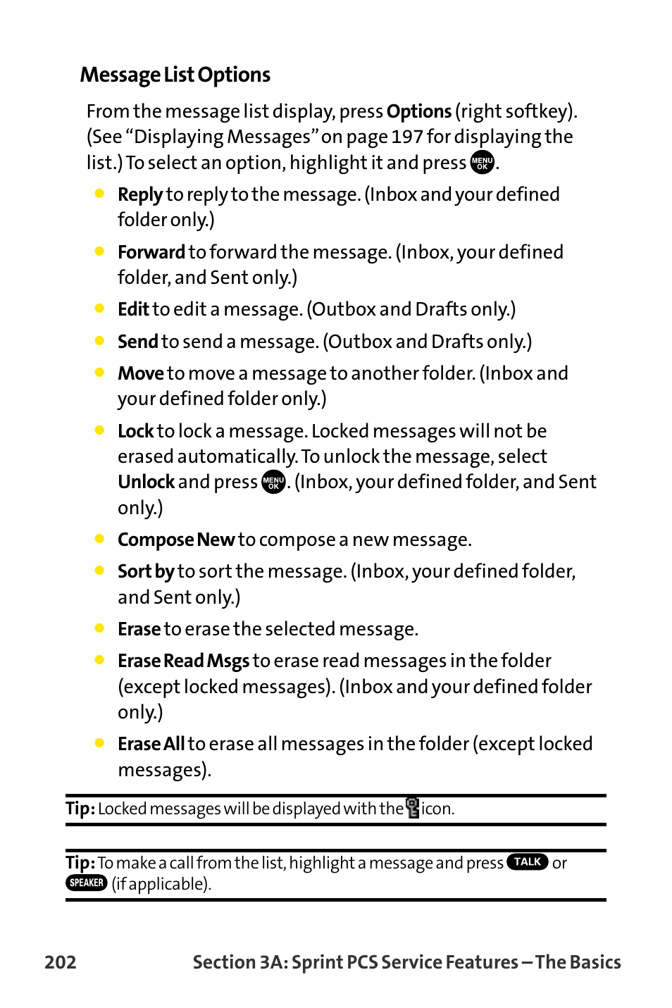 Message list options, Edit to edit a message. (outbox and drafts only.), Send to send a message. (outbox and drafts only.) | Compose new to compose a new message, Erase to erase the selected message | Sanyo VI-2300 User Manual | Page 214 / 286