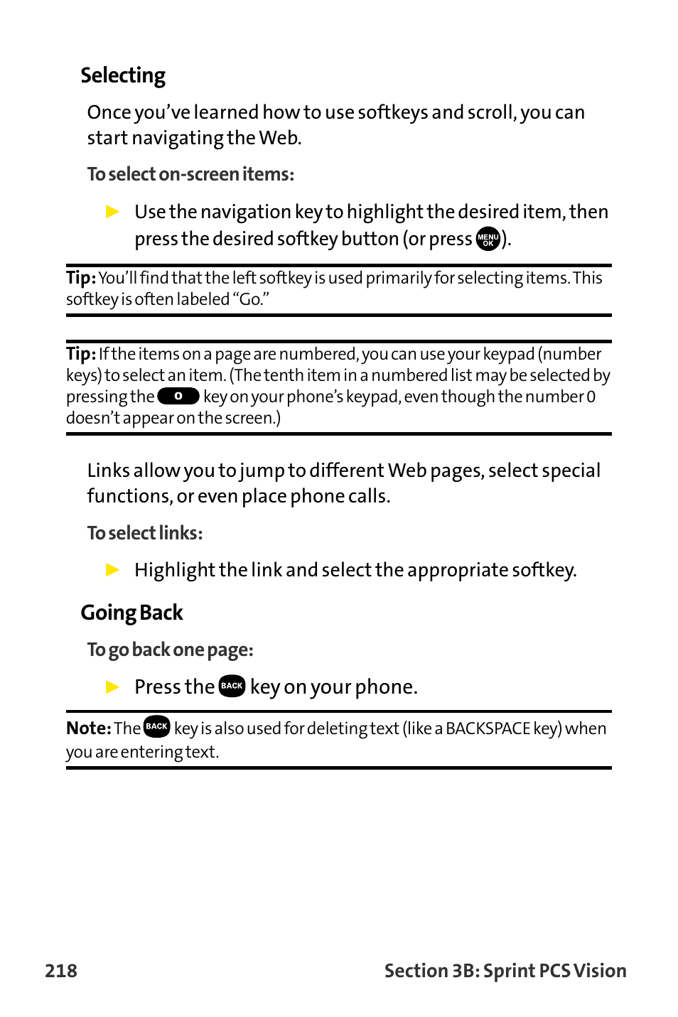 Selecting, Going back | Sanyo VI-2300 User Manual | Page 230 / 286