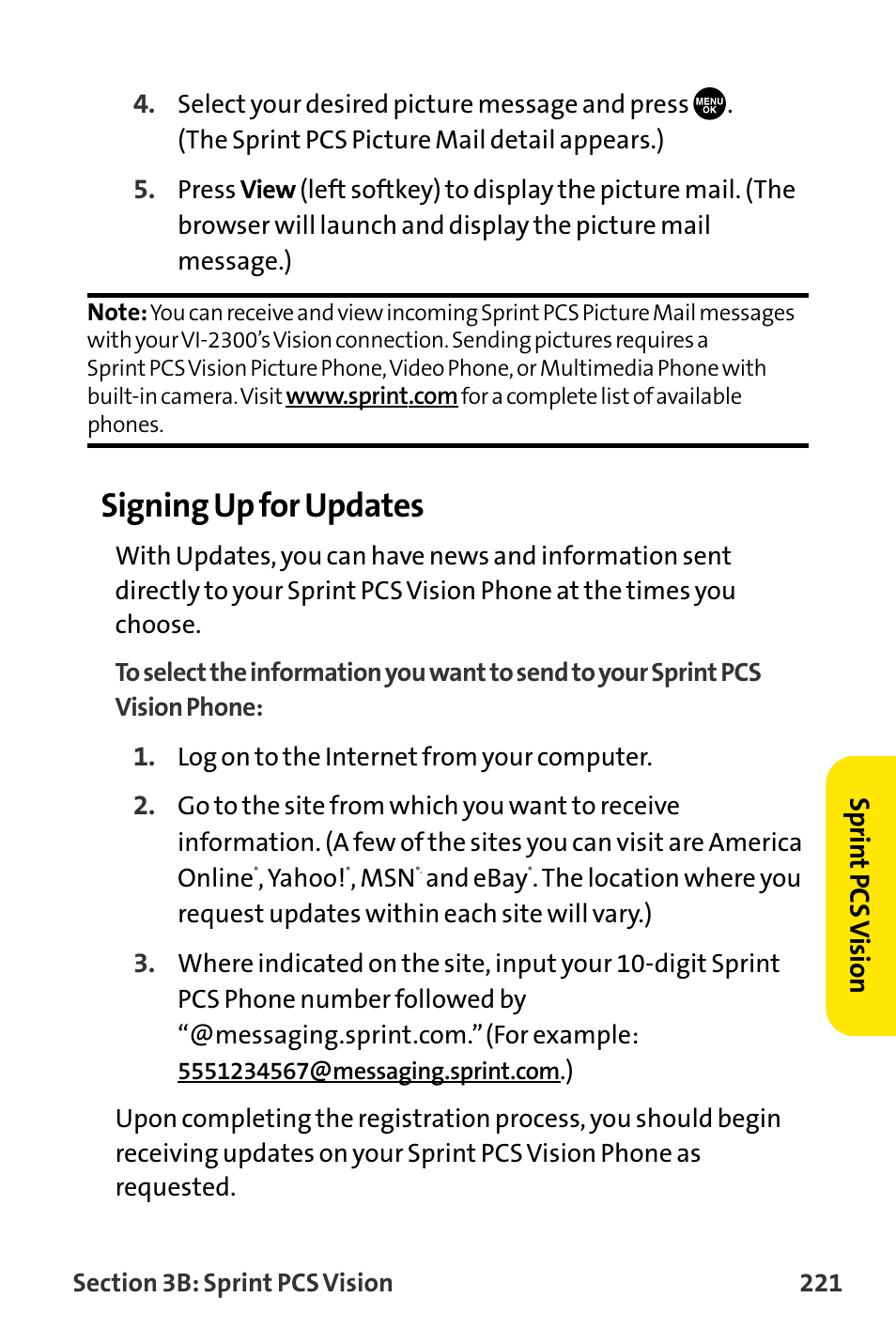Signing up for updates, Sprin t pcs v ision | Sanyo VI-2300 User Manual | Page 233 / 286