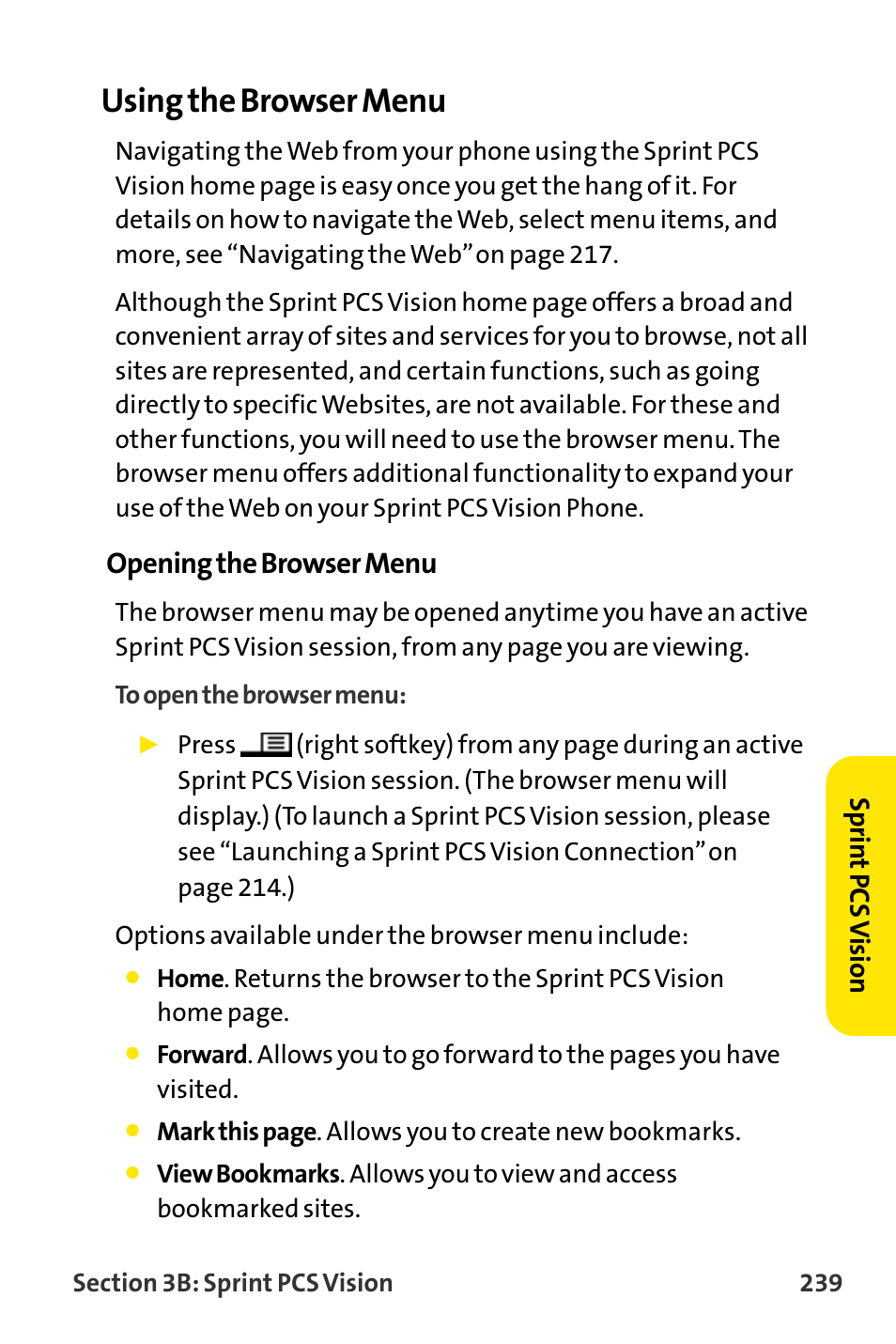 Using the browser menu, Opening the browser menu | Sanyo VI-2300 User Manual | Page 251 / 286
