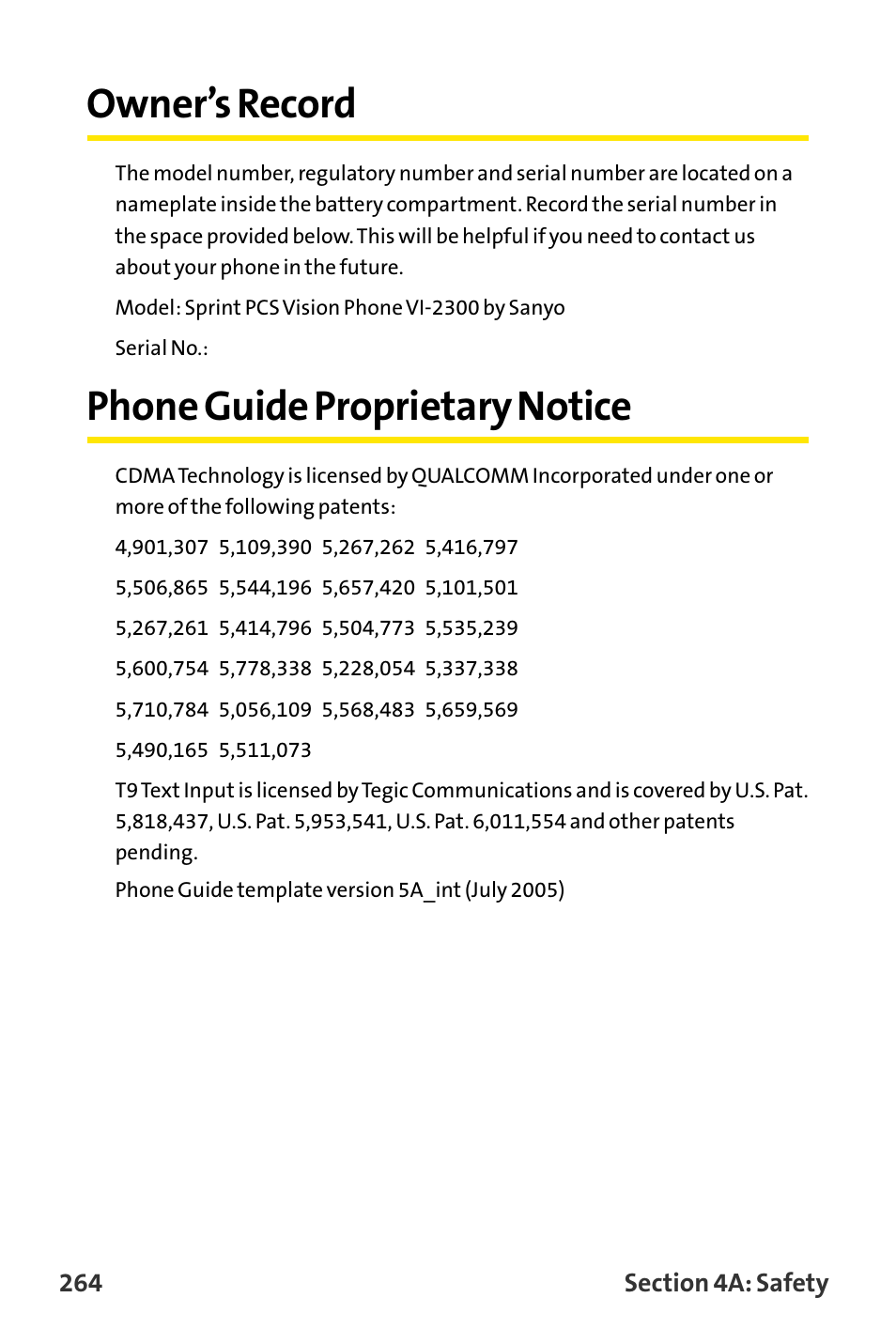 Owner’s record, Phone guide proprietary notice | Sanyo VI-2300 User Manual | Page 276 / 286